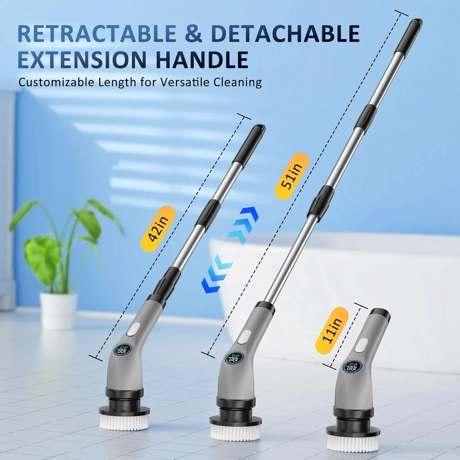 Electric Spin Scrubber, Full-Body IPX7 Waterproof Cordless Power Cleaning Brush with Adjustable Extension Handle, 2-Speed Shower Scrubber with 7 Replaceable Brush Heads for Bathroom, Kitchen, Grey