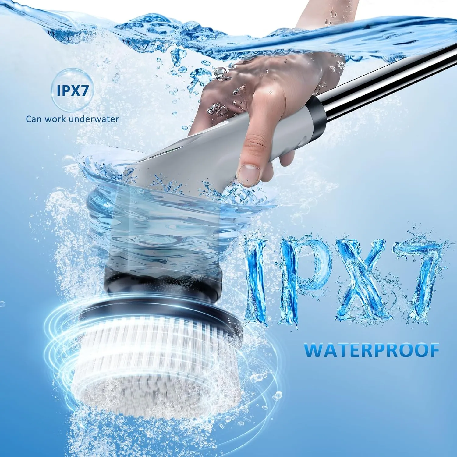 Electric Spin Scrubber, Full-Body IPX7 Waterproof Cordless Power Cleaning Brush with Adjustable Extension Handle, 2-Speed Shower Scrubber with 7 Replaceable Brush Heads for Bathroom, Kitchen, Grey