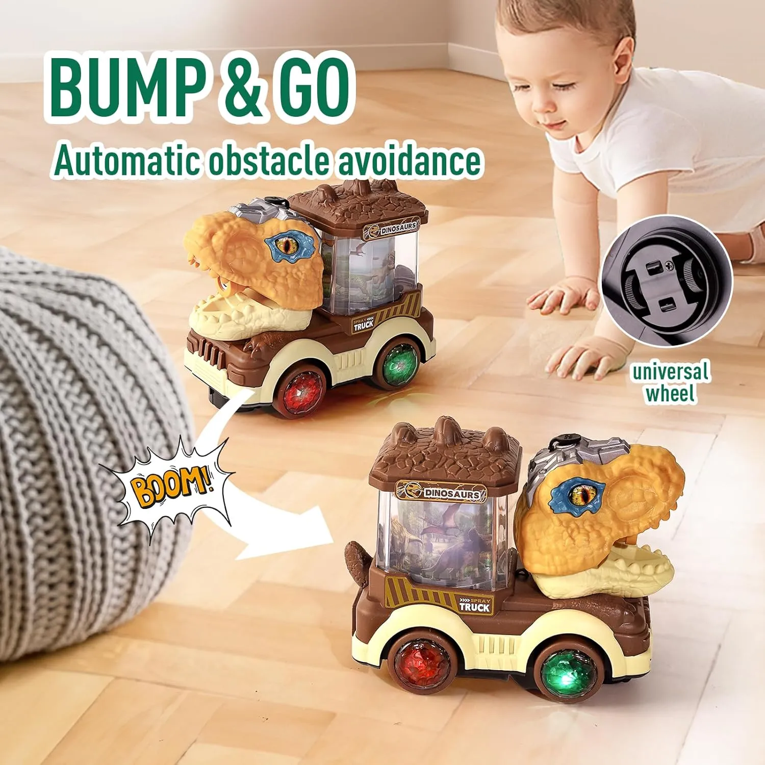 Electric Steam Train Truck Toy for Toddlers 2-4,Monster Dinosaur Truck Toy with Smoke,Flashing Lights & Sound, 360 Rotation Bump and Go Car Toddler Toy for 1 2 3 4 5 Year Boys Girls, Battery Operated