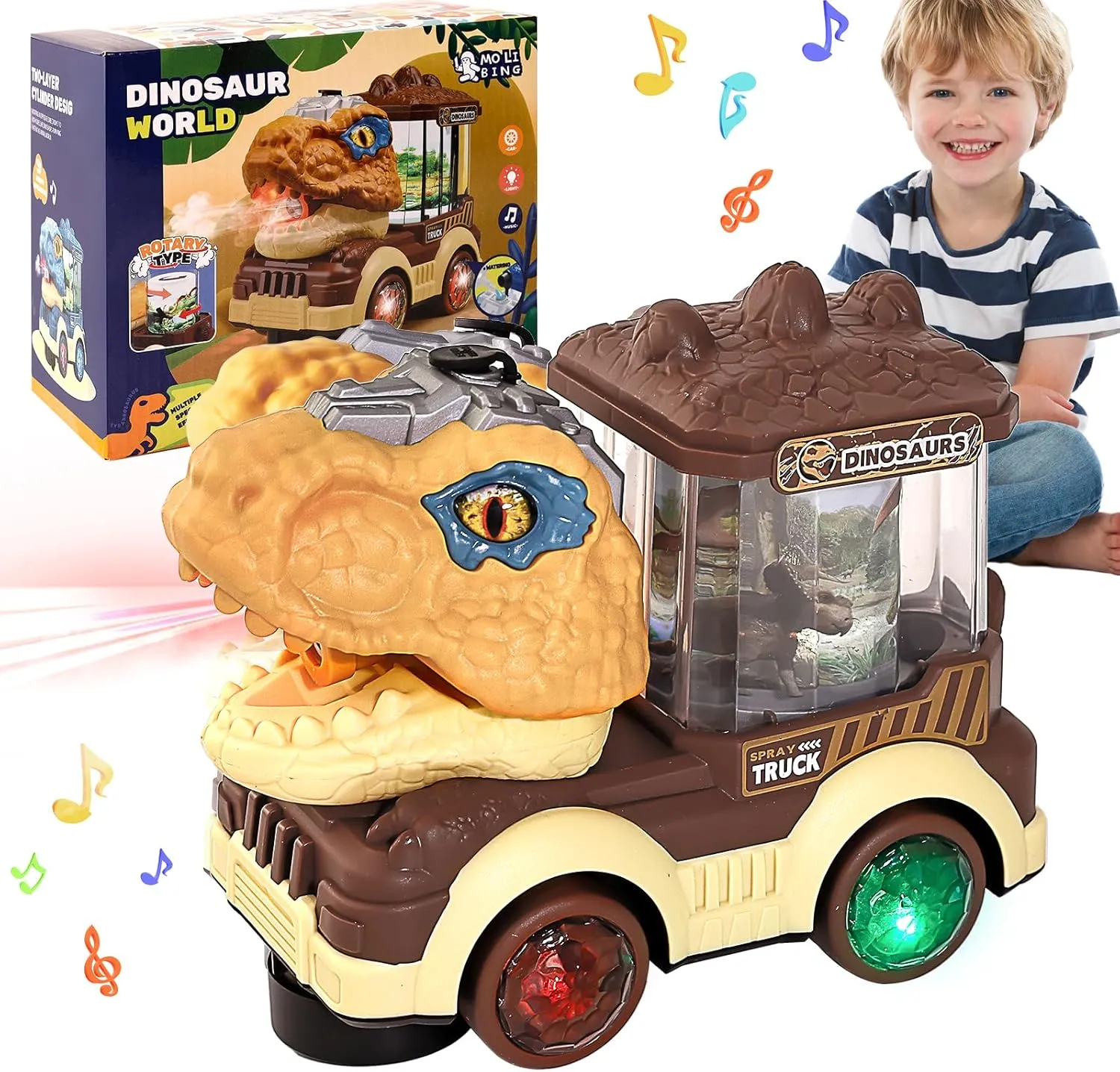 Electric Steam Train Truck Toy for Toddlers 2-4,Monster Dinosaur Truck Toy with Smoke,Flashing Lights & Sound, 360 Rotation Bump and Go Car Toddler Toy for 1 2 3 4 5 Year Boys Girls, Battery Operated