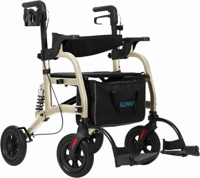 ELENKER Rollator Walker Transport Wheelchair Combo with Shock Absorber, 2 in 1 Rolling Walker with Seat, All Terrain Wheels for Seniors, Champagne