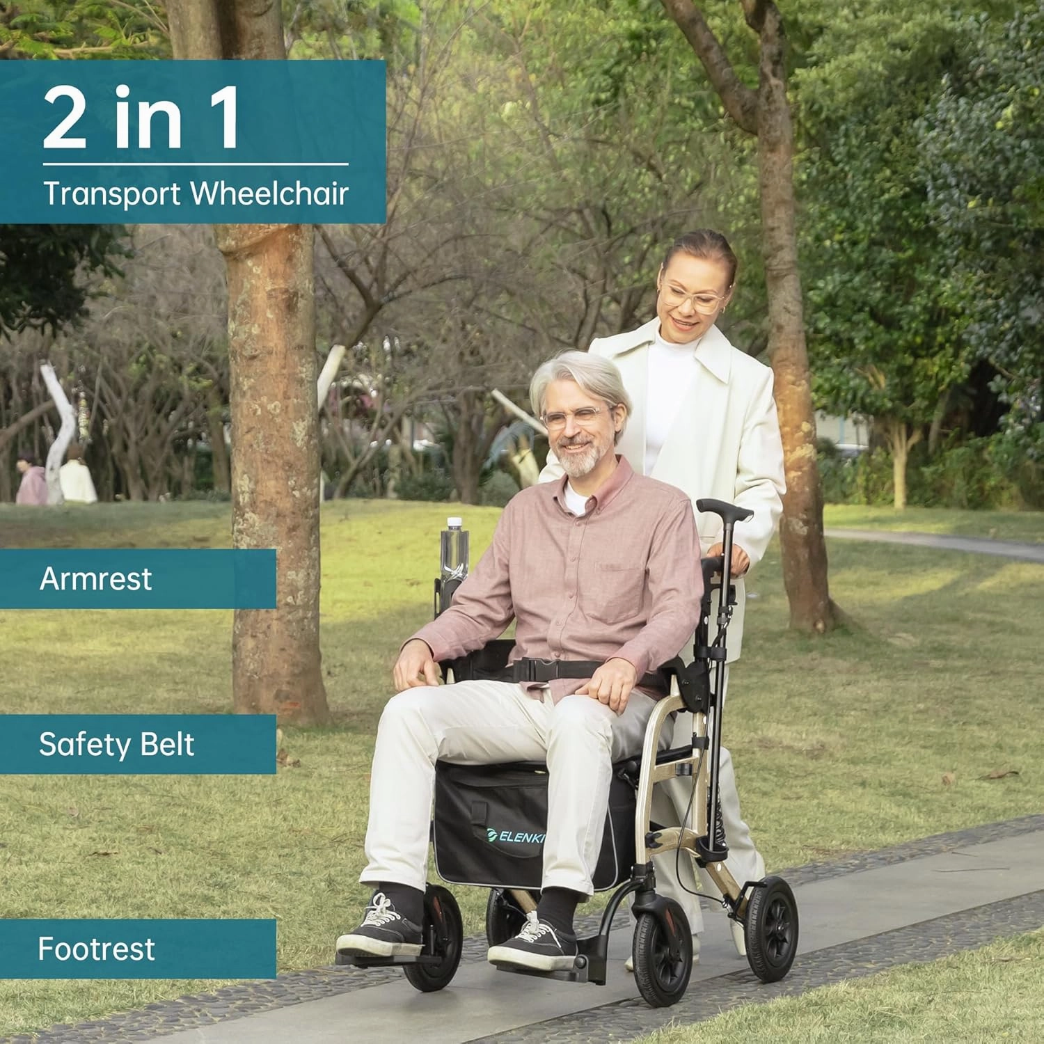 ELENKER Rollator Walker Transport Wheelchair Combo with Shock Absorber, 2 in 1 Rolling Walker with Seat, All Terrain Wheels for Seniors, Champagne