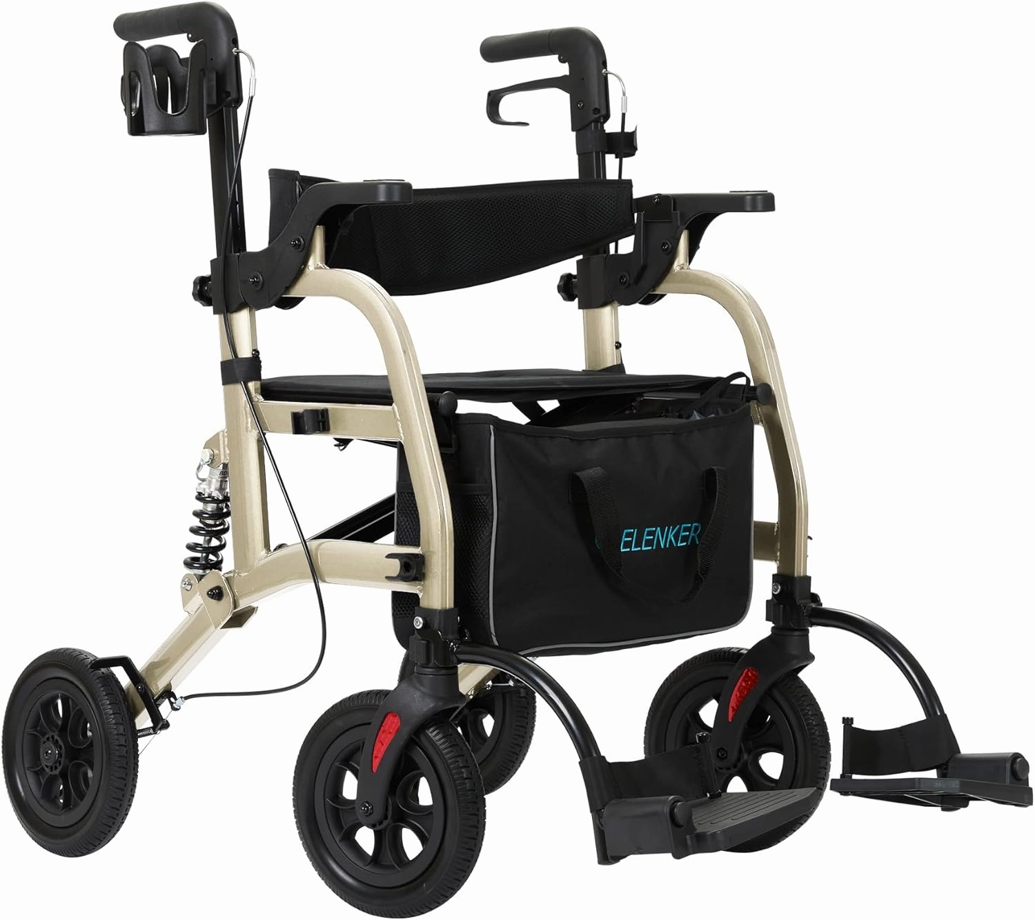 ELENKER Rollator Walker Transport Wheelchair Combo with Shock Absorber, 2 in 1 Rolling Walker with Seat, All Terrain Wheels for Seniors, Champagne