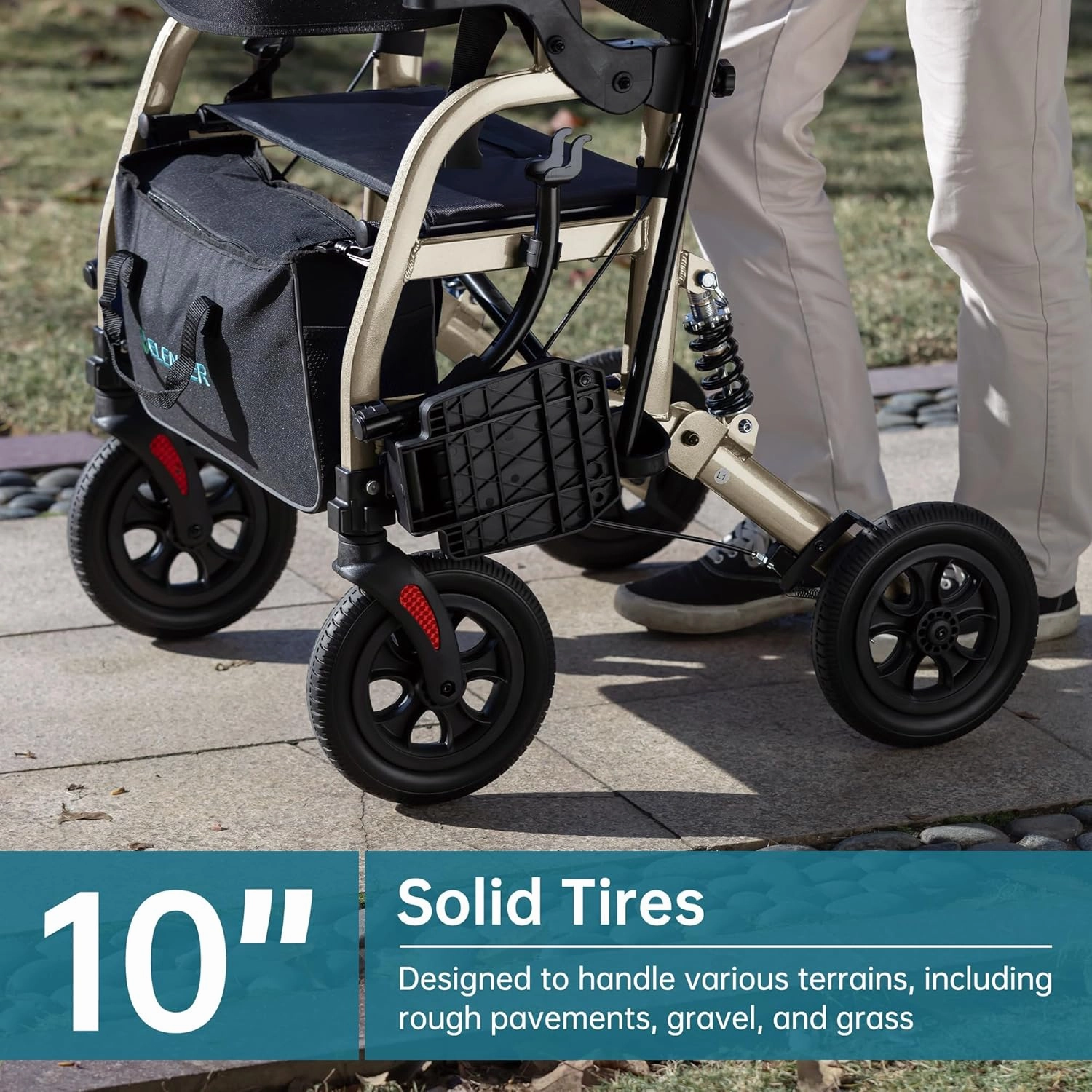 ELENKER Rollator Walker Transport Wheelchair Combo with Shock Absorber, 2 in 1 Rolling Walker with Seat, All Terrain Wheels for Seniors, Champagne