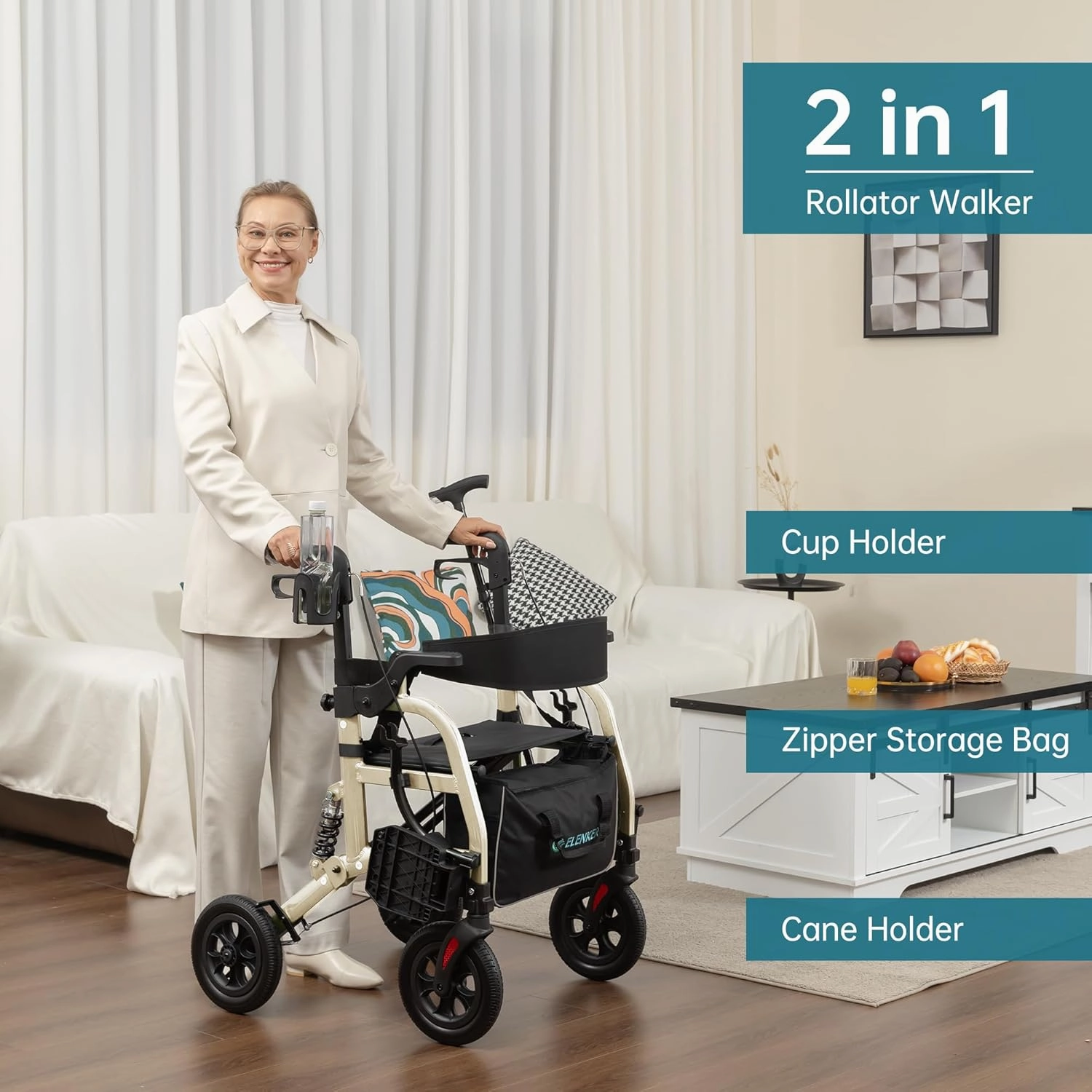 ELENKER Rollator Walker Transport Wheelchair Combo with Shock Absorber, 2 in 1 Rolling Walker with Seat, All Terrain Wheels for Seniors, Champagne