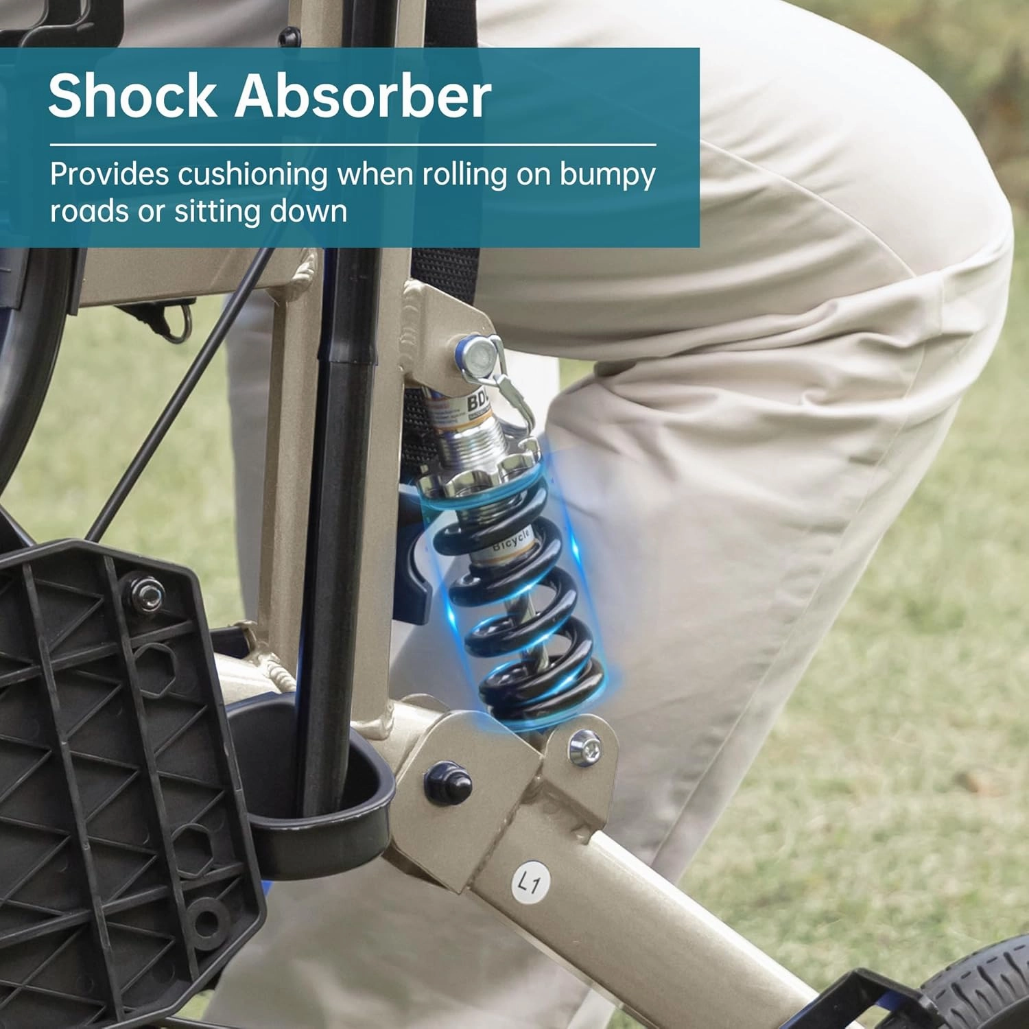 ELENKER Rollator Walker Transport Wheelchair Combo with Shock Absorber, 2 in 1 Rolling Walker with Seat, All Terrain Wheels for Seniors, Champagne