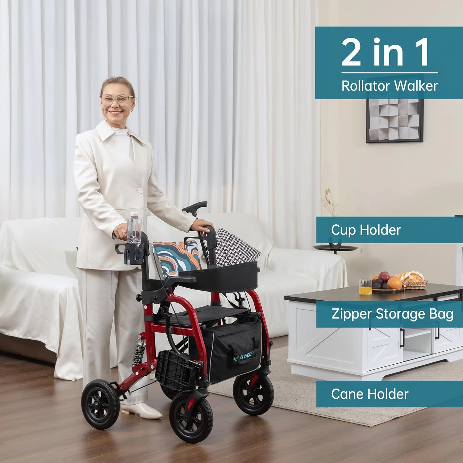 ELENKER Rollator Walker Transport Wheelchair Combo with Shock Absorber, 2 in 1 Rolling Walker with Seat, All Terrain Wheels for Seniors, Red