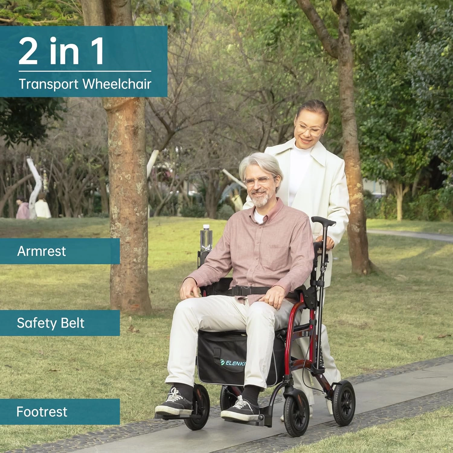 ELENKER Rollator Walker Transport Wheelchair Combo with Shock Absorber, 2 in 1 Rolling Walker with Seat, All Terrain Wheels for Seniors, Red