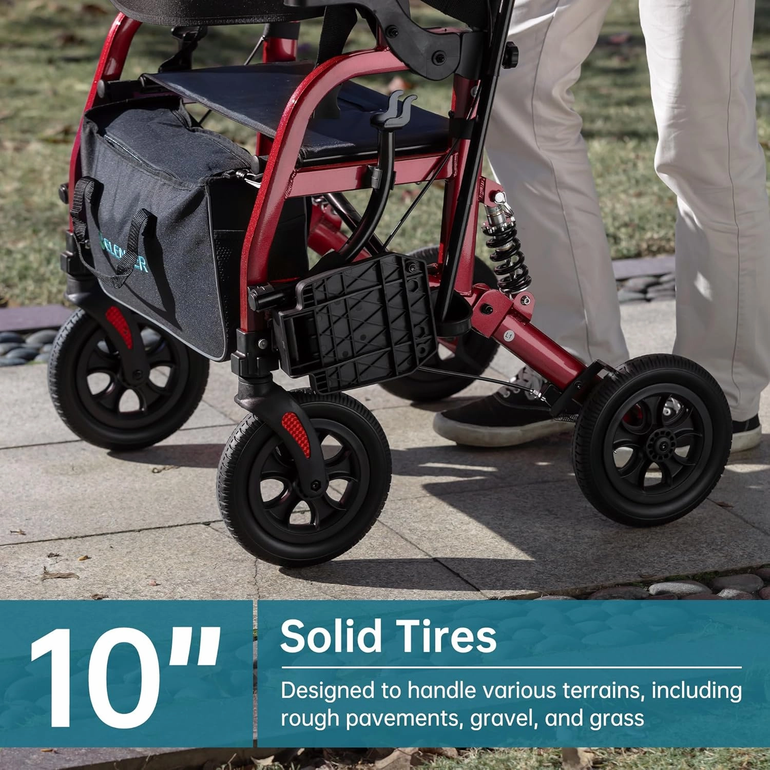 ELENKER Rollator Walker Transport Wheelchair Combo with Shock Absorber, 2 in 1 Rolling Walker with Seat, All Terrain Wheels for Seniors, Red