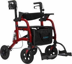 ELENKER Rollator Walker Transport Wheelchair Combo with Shock Absorber, 2 in 1 Rolling Walker with Seat, All Terrain Wheels for Seniors, Red
