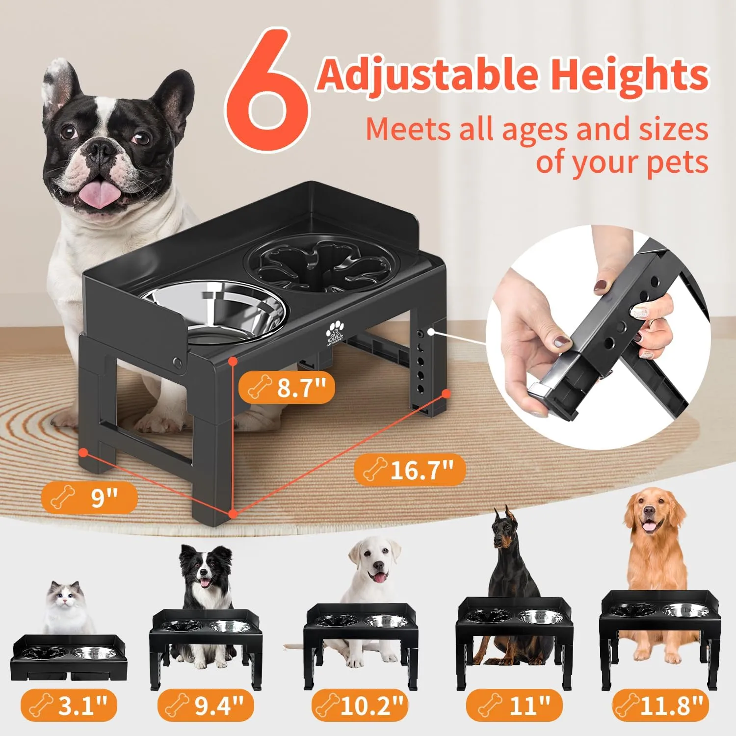 Elevated Dog Bowls 6 Height Adjustable Raised Dog Bowl Stand with Stainless Steel and Slow Feeder Bowl with Baffle Non-Slip Pet Bowls for Tall Large Medium Small Dogs Cats Black
