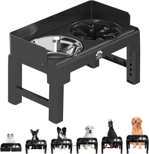 Elevated Dog Bowls 6 Height Adjustable Raised Dog Bowl Stand with Stainless Steel and Slow Feeder Bowl with Baffle Non-Slip Pet Bowls for Tall Large Medium Small Dogs Cats Black