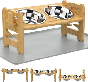 Elevated Dog Bowls, Adjustable Raised Dog Bowls Stand for Small Size Dogs and Cats, Durable Bamboo Dogs Feeder with 2 Stainless Steel Bowl and Non-Slip Feet, Food Bowl with Silicone Mat