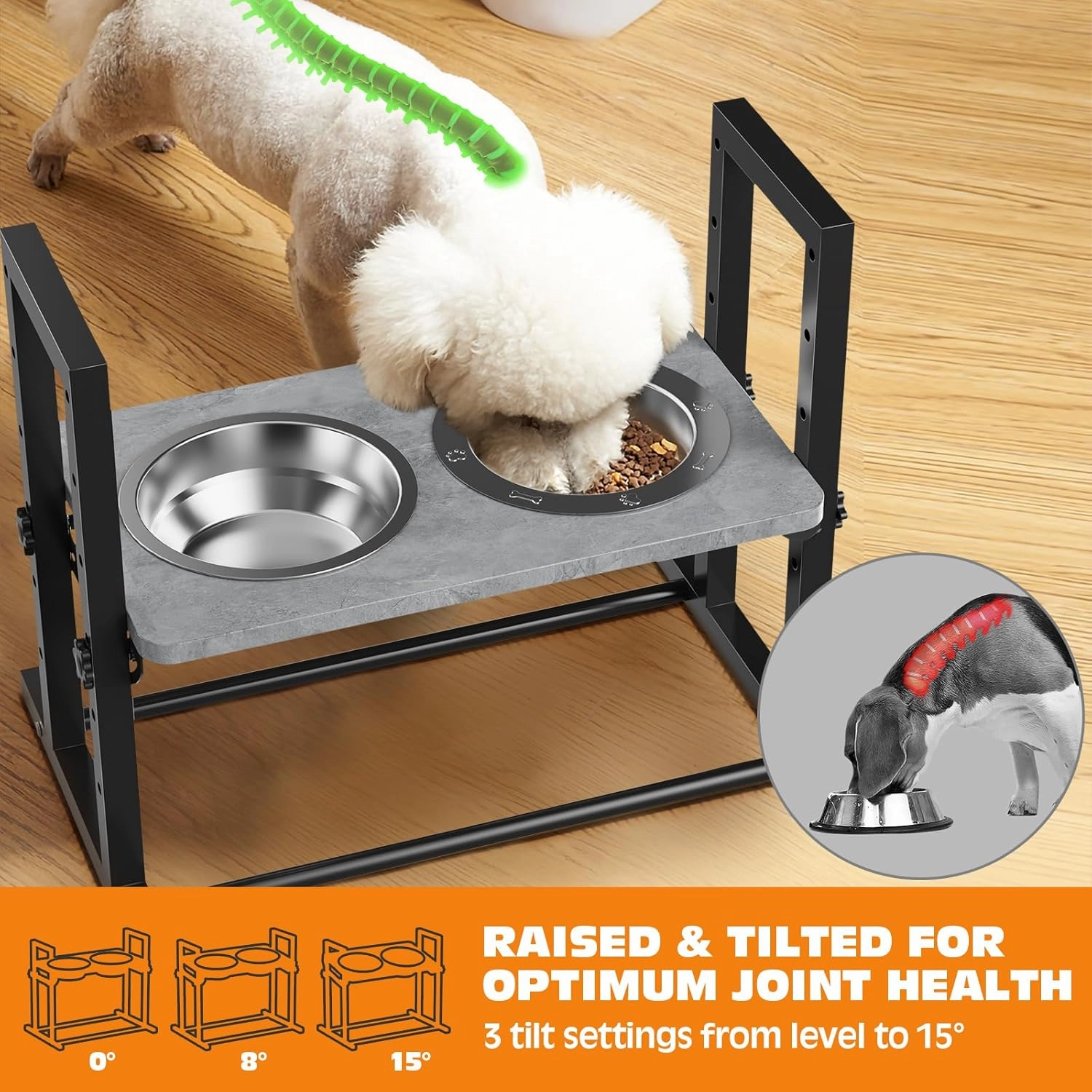 Elevated Dog Bowls for Small Dogs, 6 Heights Adjustable Raised Dog Bowl with Slow Feeder - 3 Stainless Steel Bowl, Tiltable Non-Slip Feeding Bowls with Metal Stand