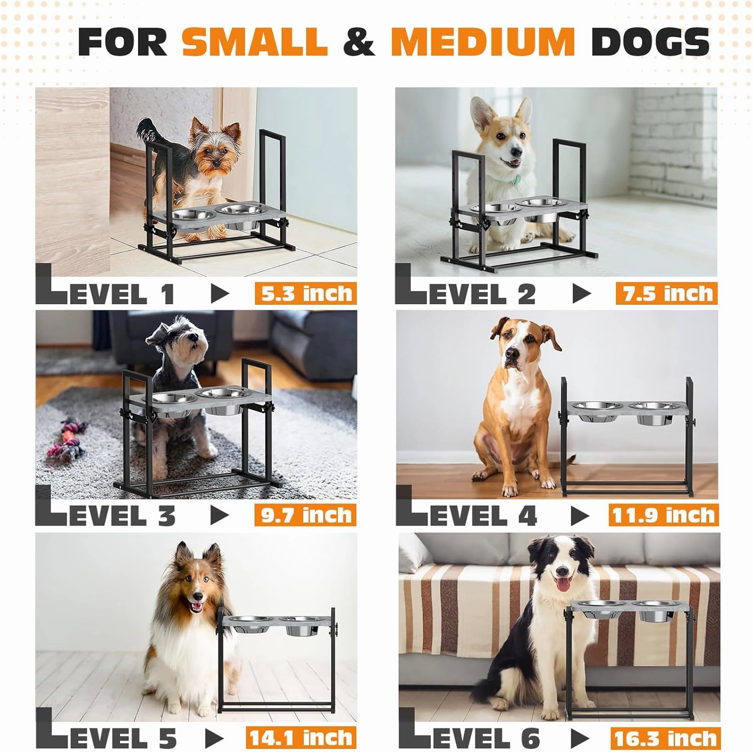 Elevated Dog Bowls for Small Dogs, 6 Heights Adjustable Raised Dog Bowl with Slow Feeder - 3 Stainless Steel Bowl, Tiltable Non-Slip Feeding Bowls with Metal Stand