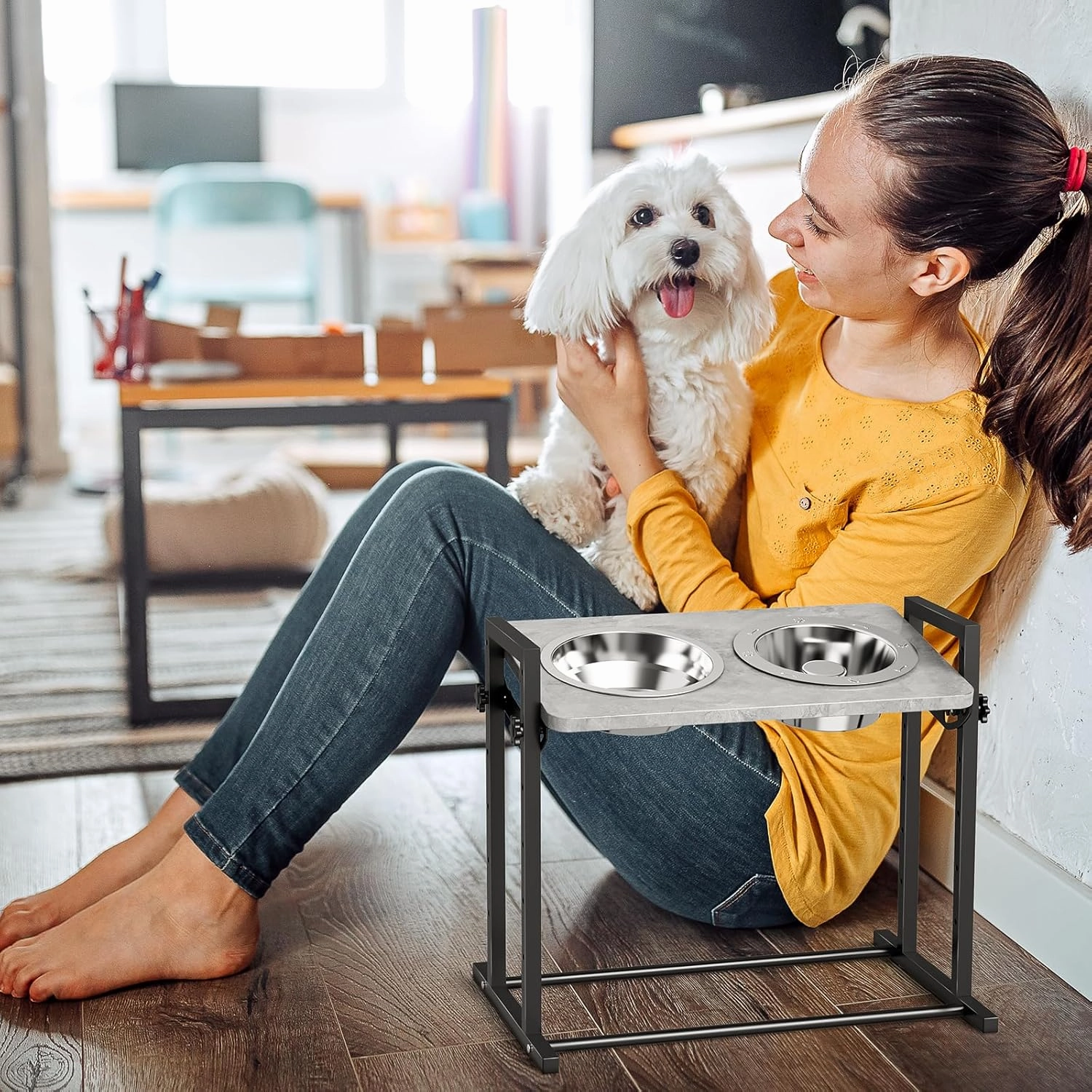 Elevated Dog Bowls for Small Dogs, 6 Heights Adjustable Raised Dog Bowl with Slow Feeder - 3 Stainless Steel Bowl, Tiltable Non-Slip Feeding Bowls with Metal Stand