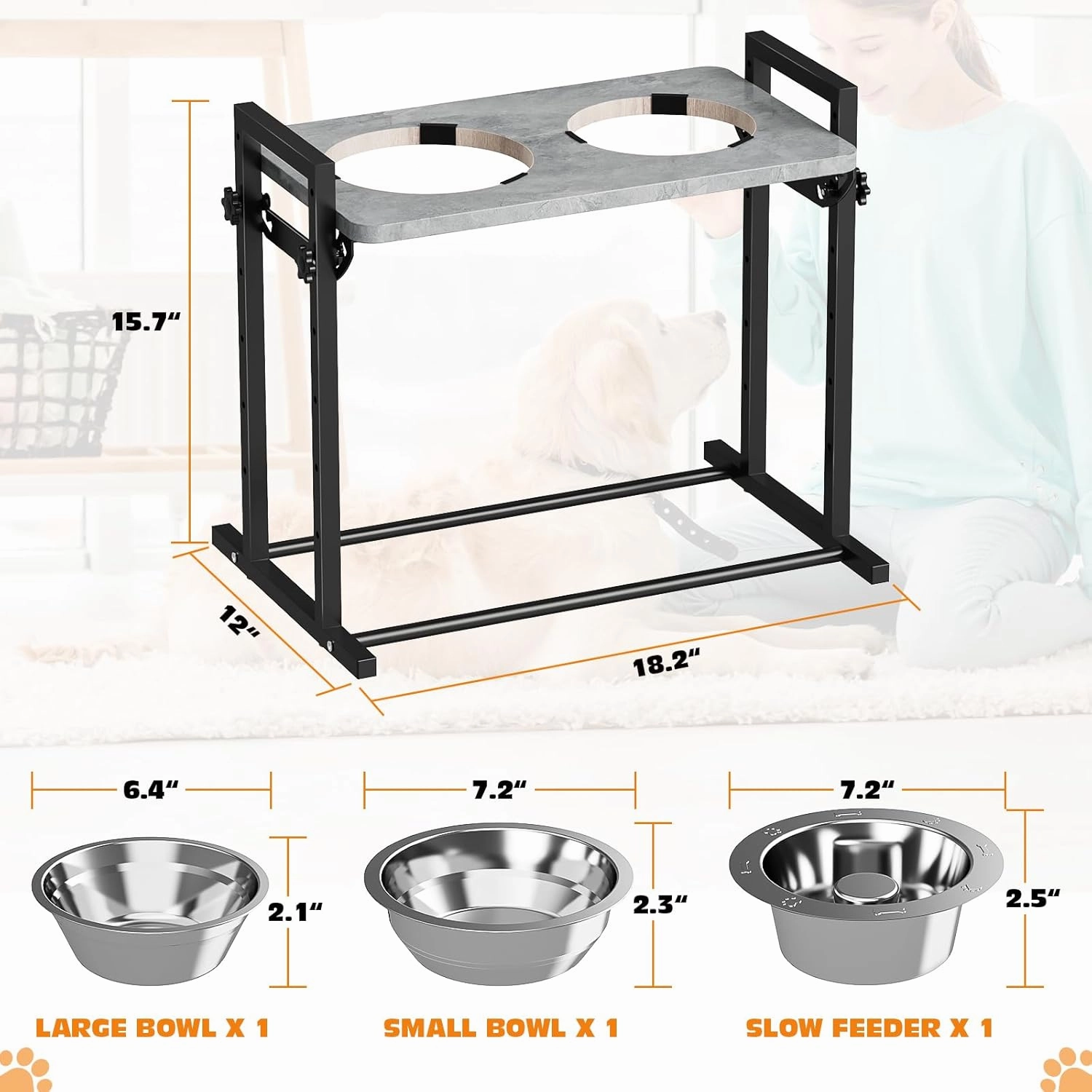 Elevated Dog Bowls for Small Dogs, 6 Heights Adjustable Raised Dog Bowl with Slow Feeder - 3 Stainless Steel Bowl, Tiltable Non-Slip Feeding Bowls with Metal Stand