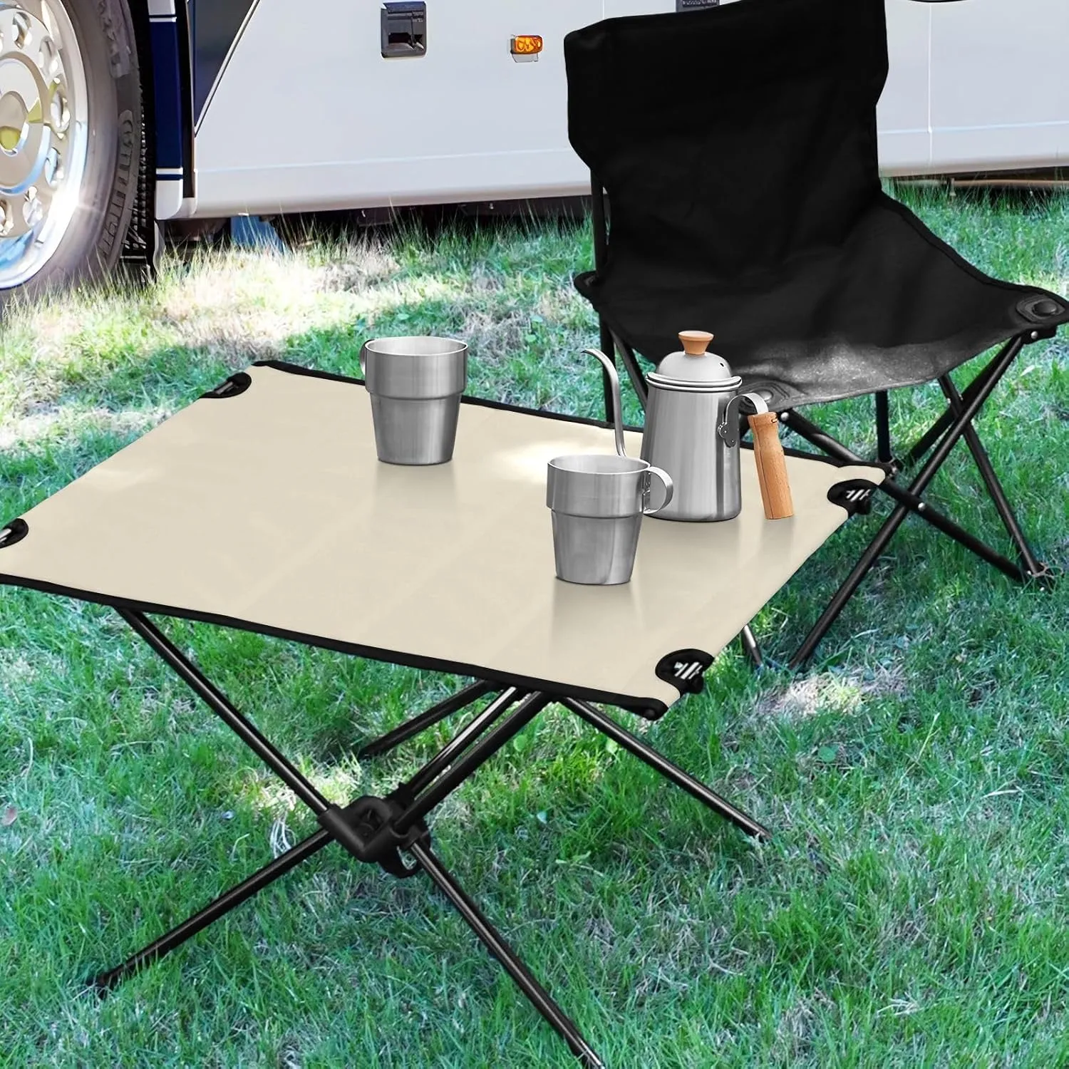 Emelivor Beige Cream Folding Camping Table Portable Beach Table with Carry Bag Small Collapsible Table for Camping Fishing Picnic Garden Outdoor