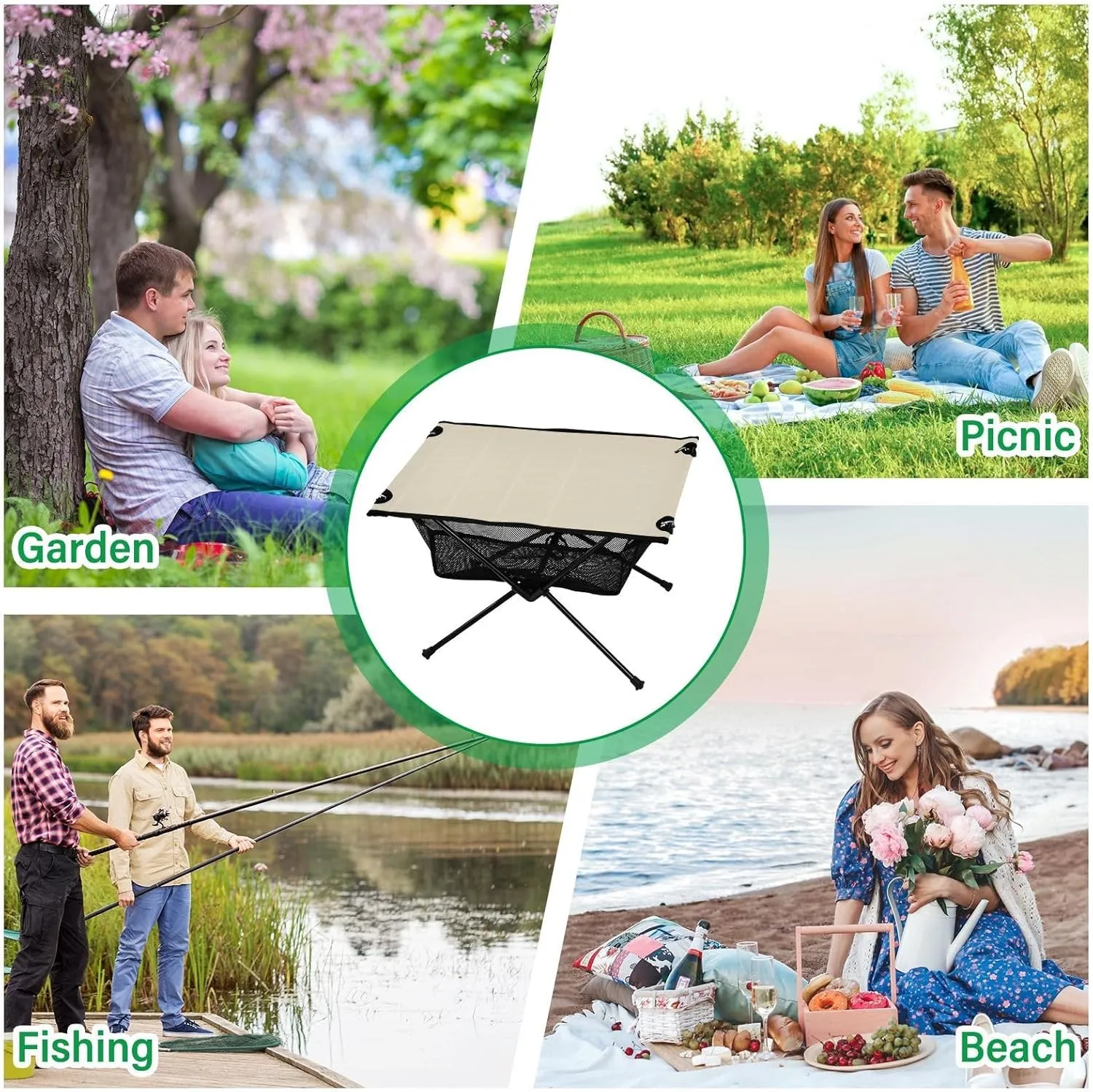 Emelivor Beige Cream Folding Camping Table Portable Beach Table with Carry Bag Small Collapsible Table for Camping Fishing Picnic Garden Outdoor