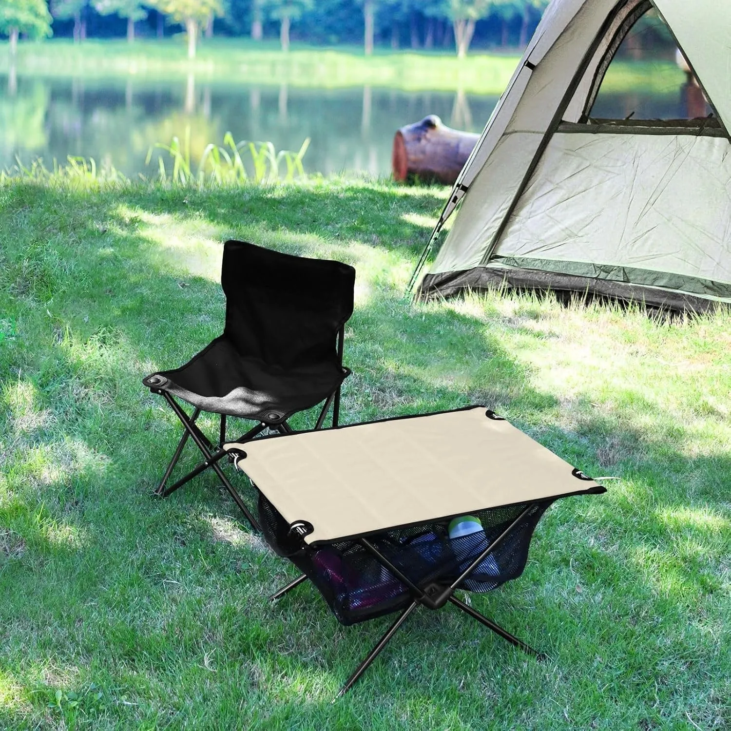 Emelivor Beige Cream Folding Camping Table Portable Beach Table with Carry Bag Small Collapsible Table for Camping Fishing Picnic Garden Outdoor