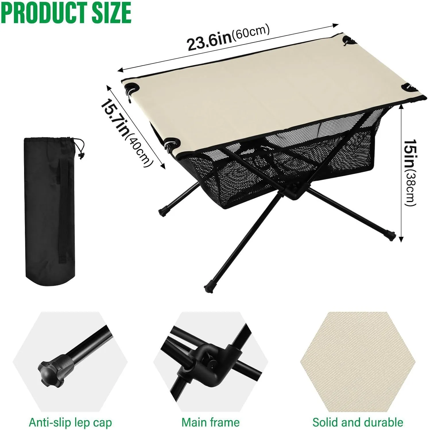 Emelivor Beige Cream Folding Camping Table Portable Beach Table with Carry Bag Small Collapsible Table for Camping Fishing Picnic Garden Outdoor