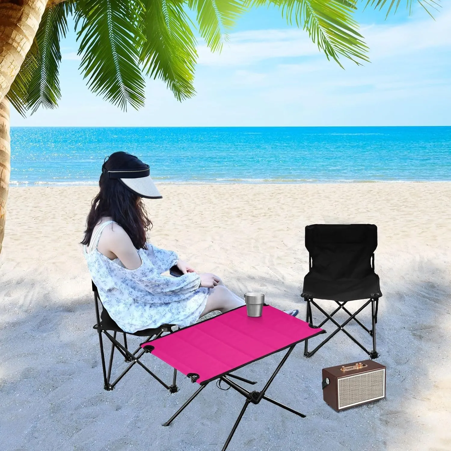 Emelivor Bright Pink Folding Camping Table Portable Beach Table with Carry Bag Small Foldable Table for Camping BBQ Hiking Outdoor Travel
