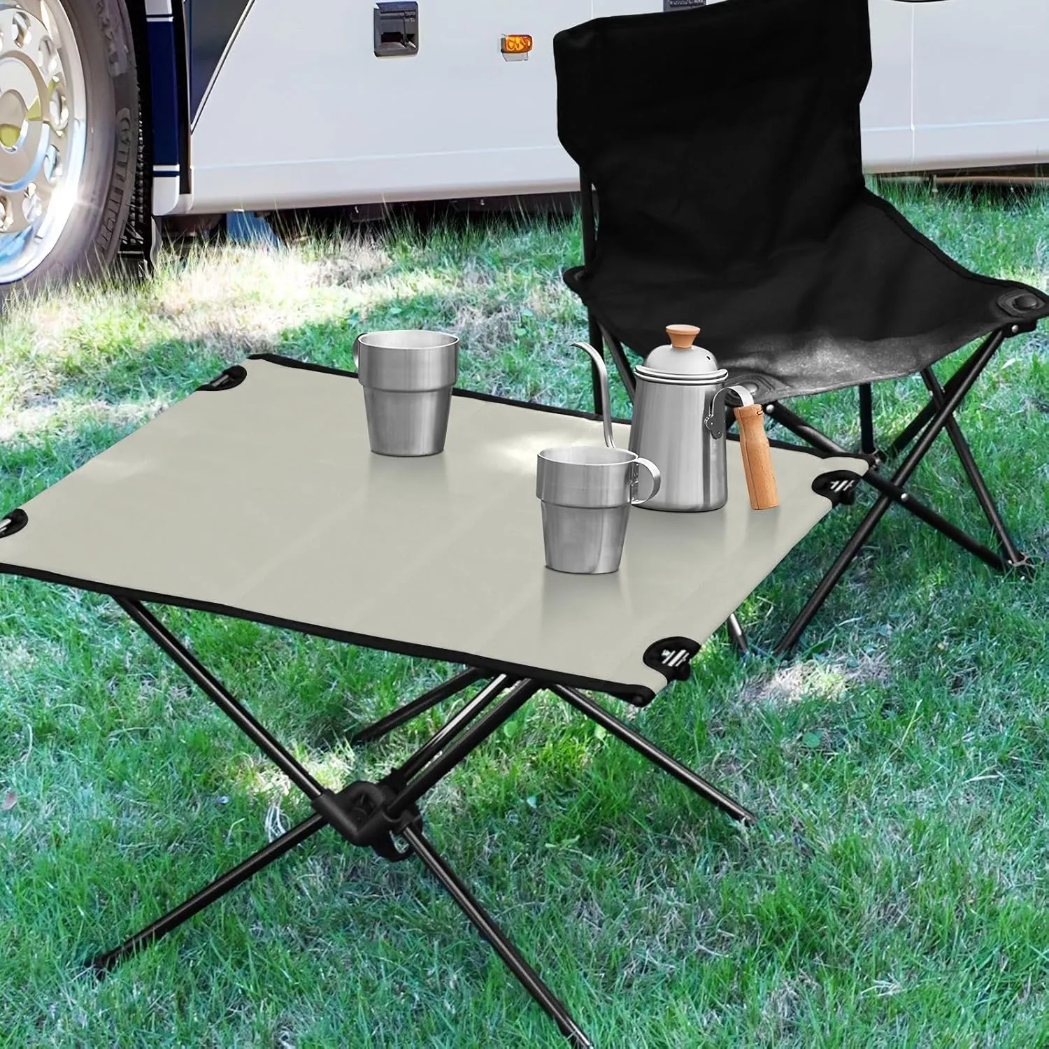 Emelivor Dark Beige Folding Camping Table Portable Beach Table with Carry Bag Small Foldable Table for Picnic Outdoor Fishing Camping Travel