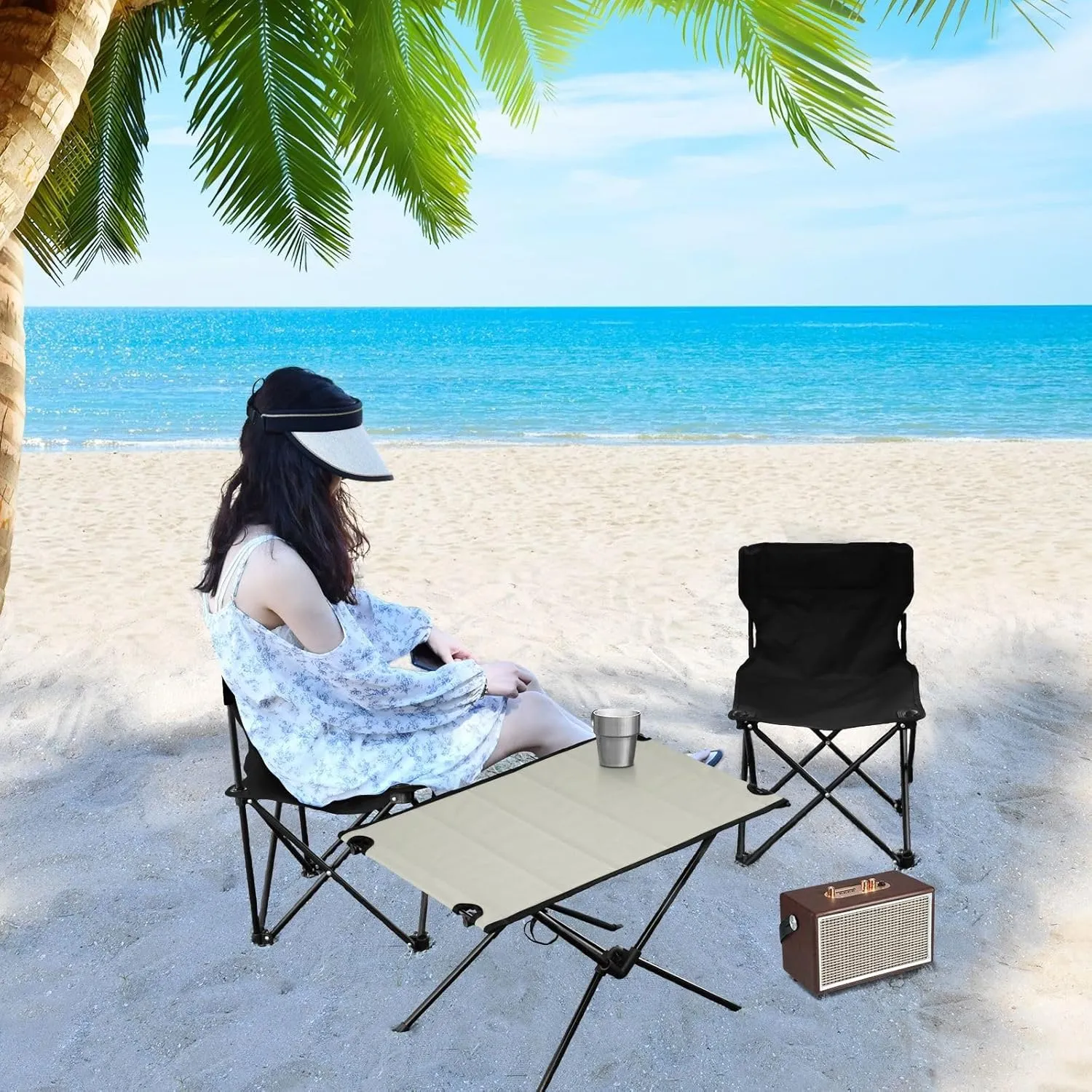Emelivor Dark Beige Folding Camping Table Portable Beach Table with Carry Bag Small Foldable Table for Picnic Outdoor Fishing Camping Travel
