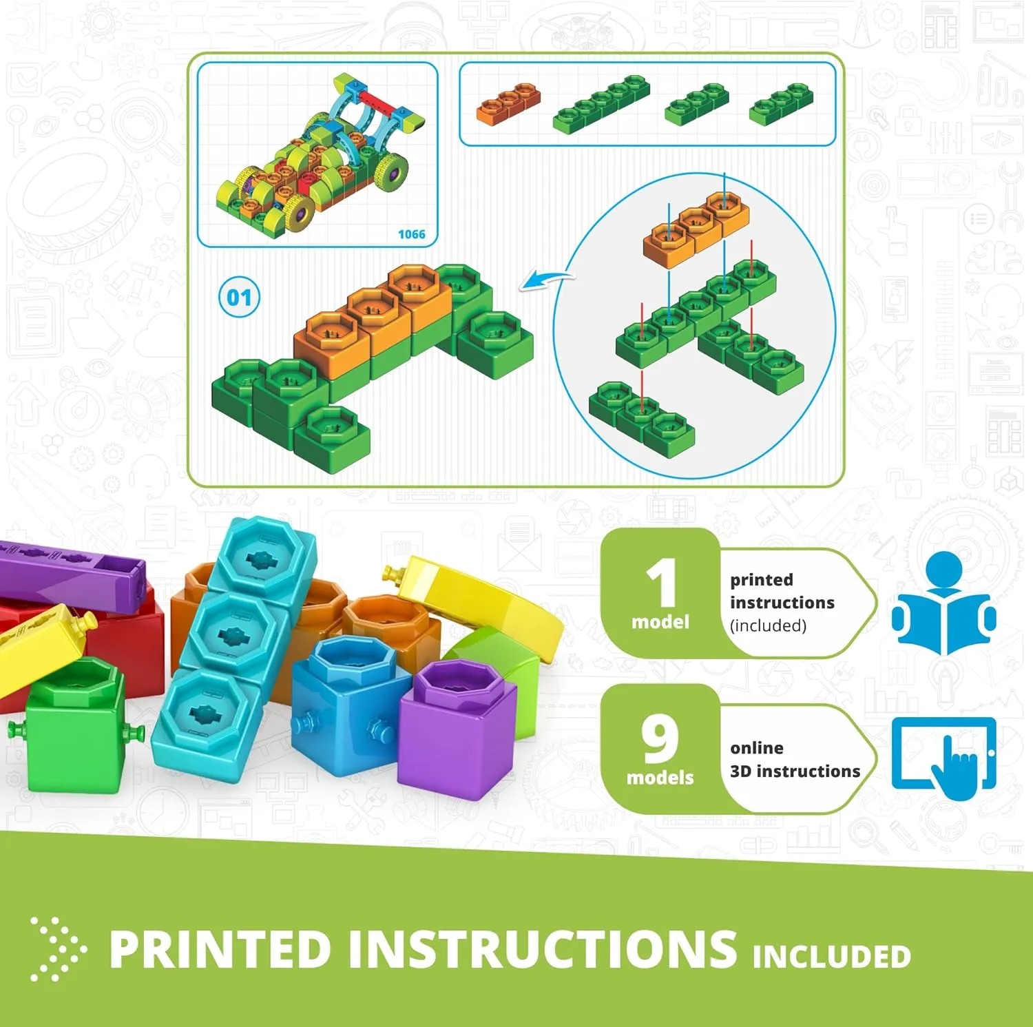 Engino: Qboidz Racing Car - 10 Model Brick Building Set, Toy Construction, Coloring & Math Activities, Stack-Click Assembly, STEM Play-Learn, Kids 4 