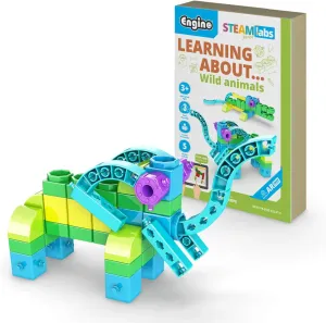 Engino: STEAM Labs Junior: Learning About…Wild Animals - 5 Model Toy Brick Building Set, Facts Storybook & Number Activities, Stack & Click, Kids 3 