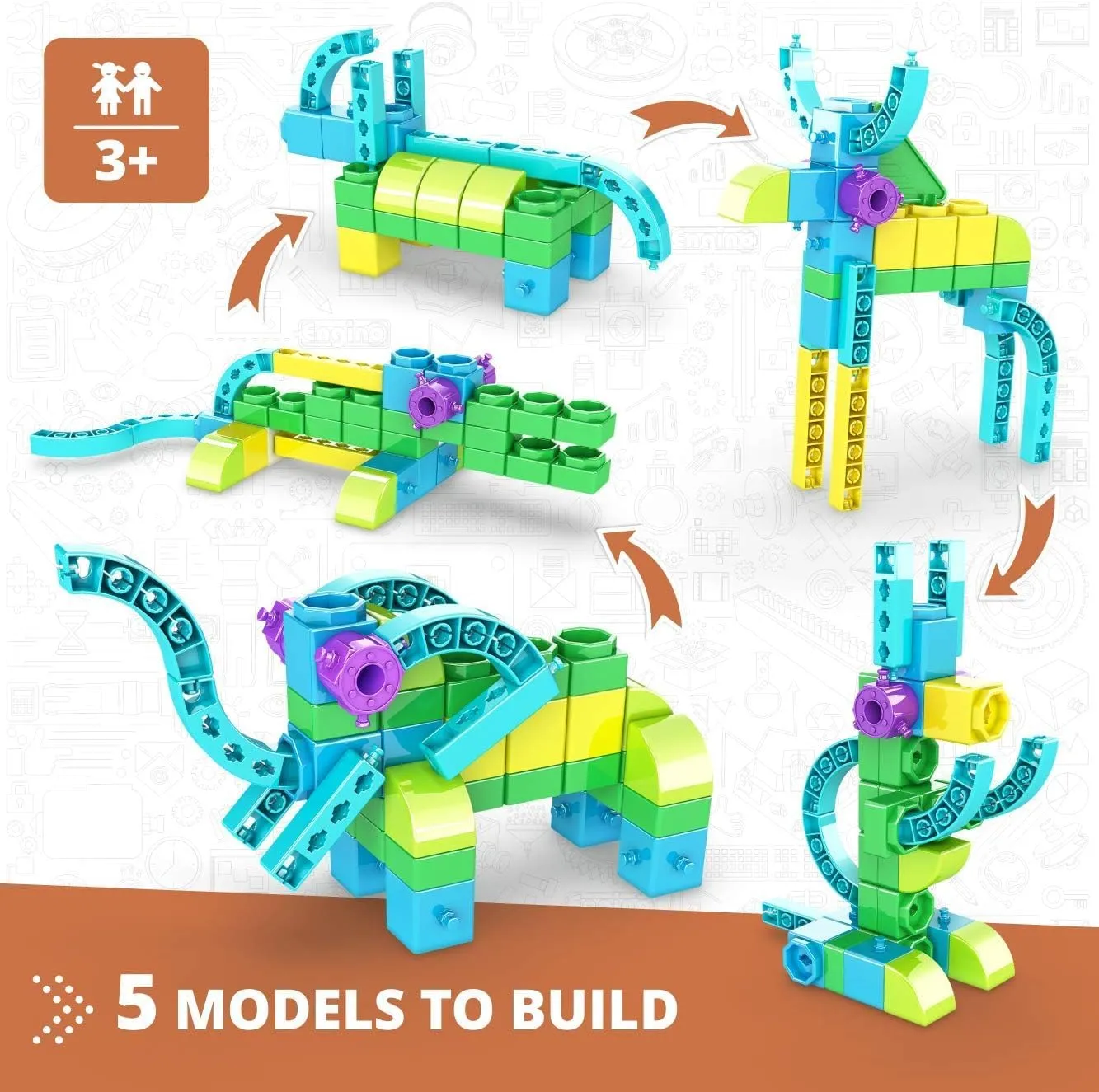 Engino: STEAM Labs Junior: Learning About…Wild Animals - 5 Model Toy Brick Building Set, Facts Storybook & Number Activities, Stack & Click, Kids 3 