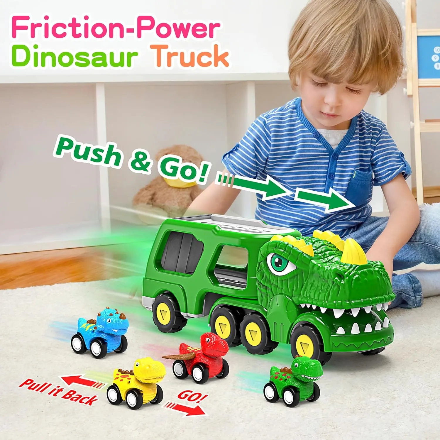 ENJSD Toys for 1 2 3 4 Year Old Boys, 5 in 1 Toys for Ages 2-4 with 4 Dinosaur Toys for Kids 3-5, Friction Powered Kids Boy Toddler Toys 1 2 3 4 5 Year Old boy Gifts with Flashing Light & Sound