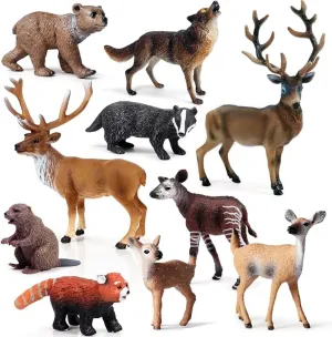 EOIVSH 10PCS Forest Animal Figures, Realistic Woodland Figurines, Plastic Jungle Toys Set With Deer Elk Wolf Bear Okapi Panda Beaver Badger