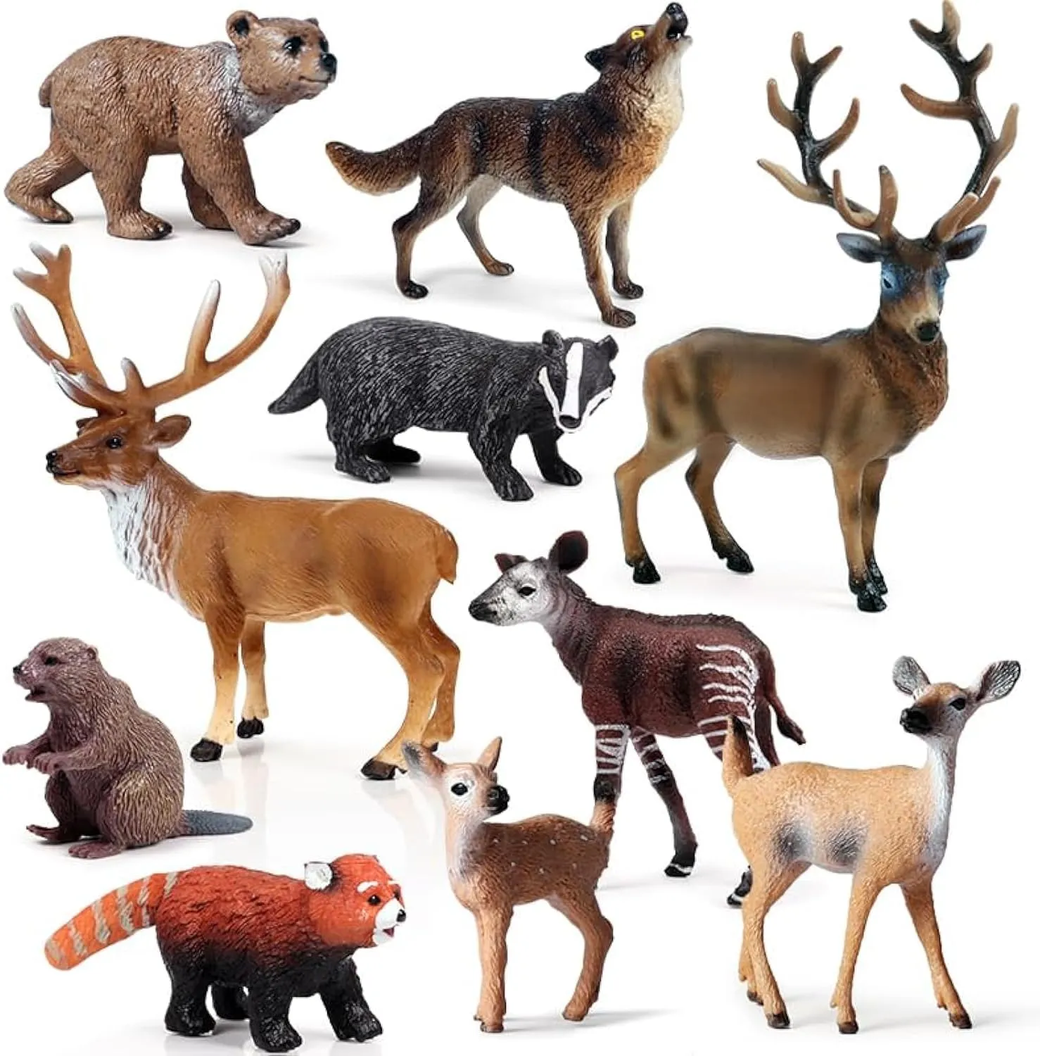 EOIVSH 10PCS Forest Animal Figures, Realistic Woodland Figurines, Plastic Jungle Toys Set With Deer Elk Wolf Bear Okapi Panda Beaver Badger
