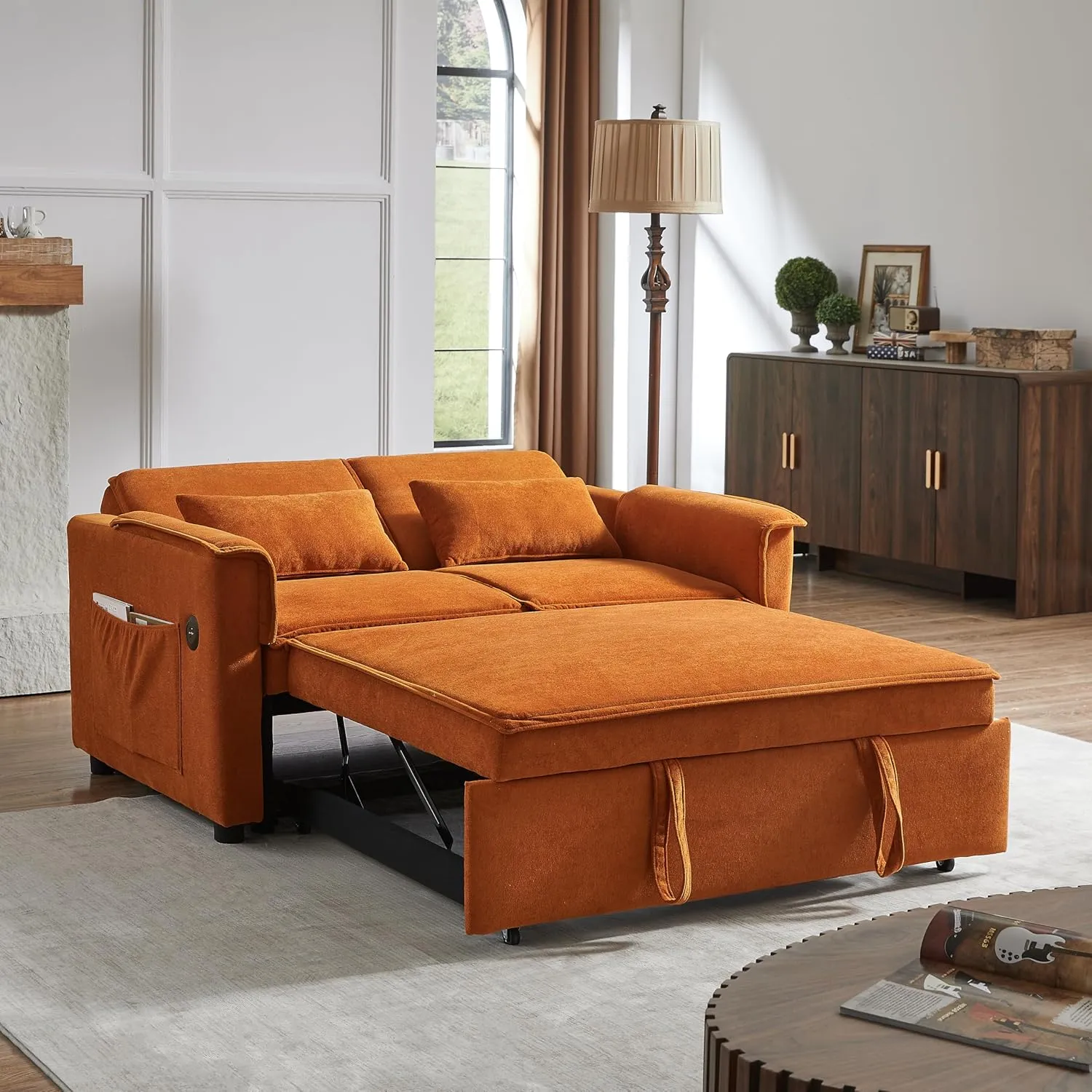 ERYE 3 in 1 Convertible Sofabed Modern Loveseat Sofa Convertible Pull Out Sleeper Couch Bed W/Padded Armrests,USB Ports and Pockets, Twin Size Boucle Upholstered Sleeper Sofa Bed for Living Room