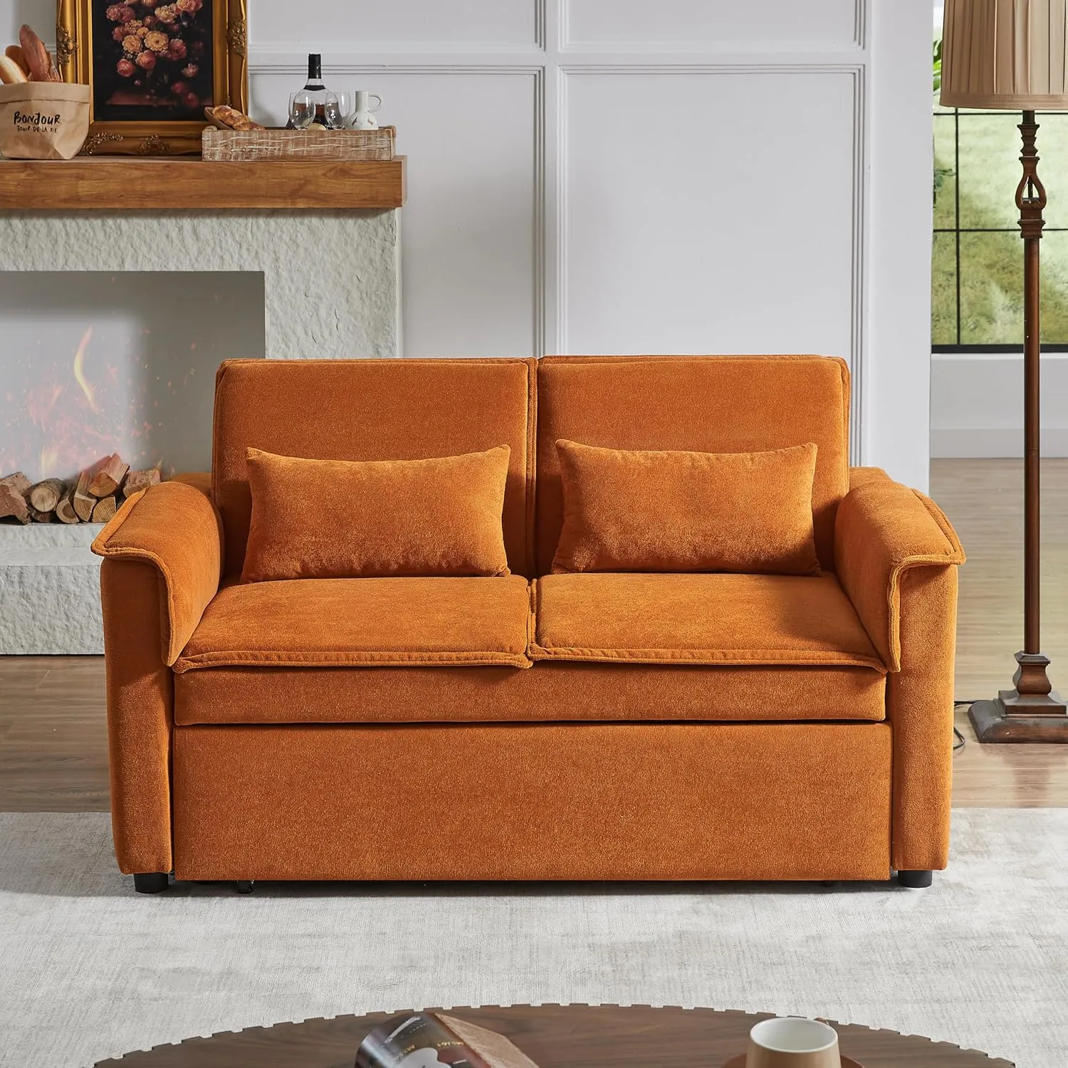 ERYE 3 in 1 Convertible Sofabed Modern Loveseat Sofa Convertible Pull Out Sleeper Couch Bed W/Padded Armrests,USB Ports and Pockets, Twin Size Boucle Upholstered Sleeper Sofa Bed for Living Room