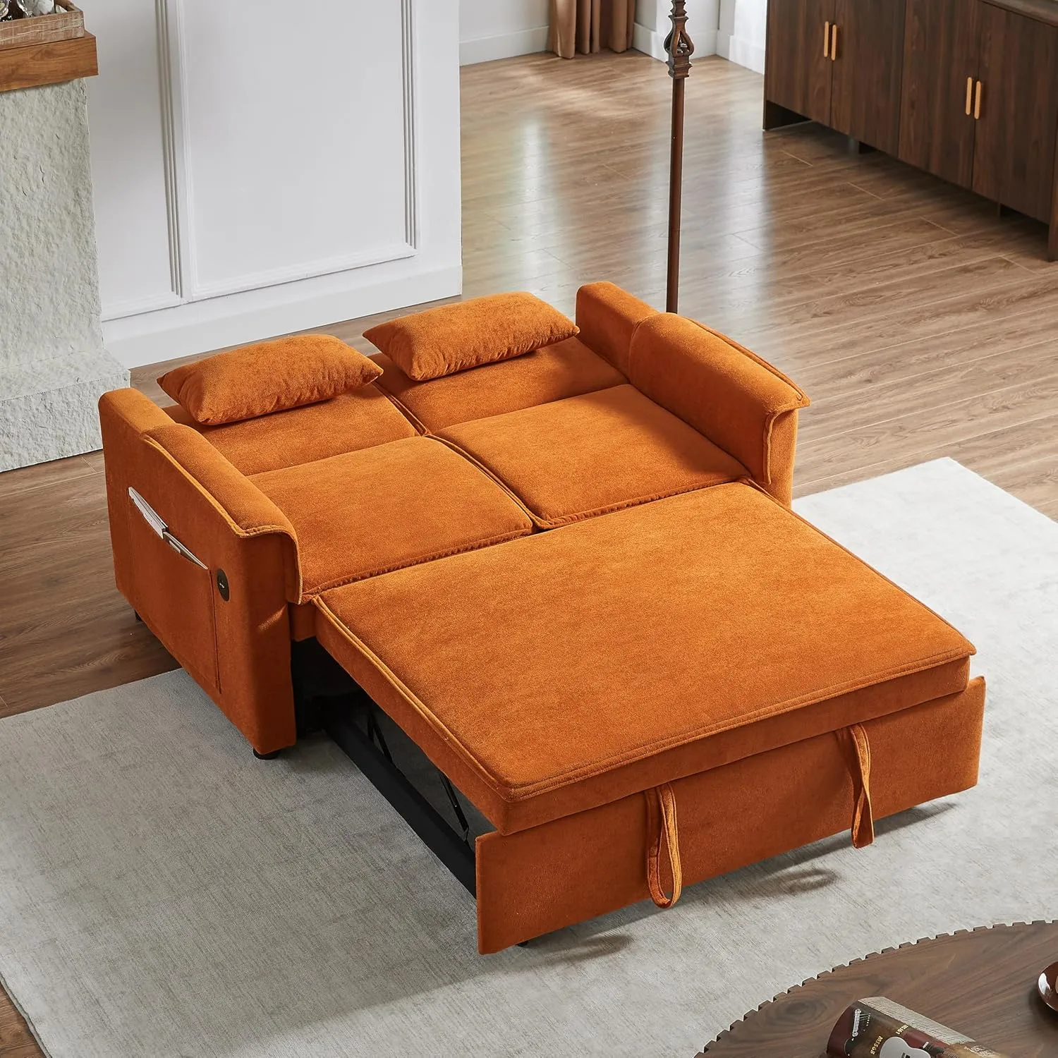 ERYE 3 in 1 Convertible Sofabed Modern Loveseat Sofa Convertible Pull Out Sleeper Couch Bed W/Padded Armrests,USB Ports and Pockets, Twin Size Boucle Upholstered Sleeper Sofa Bed for Living Room