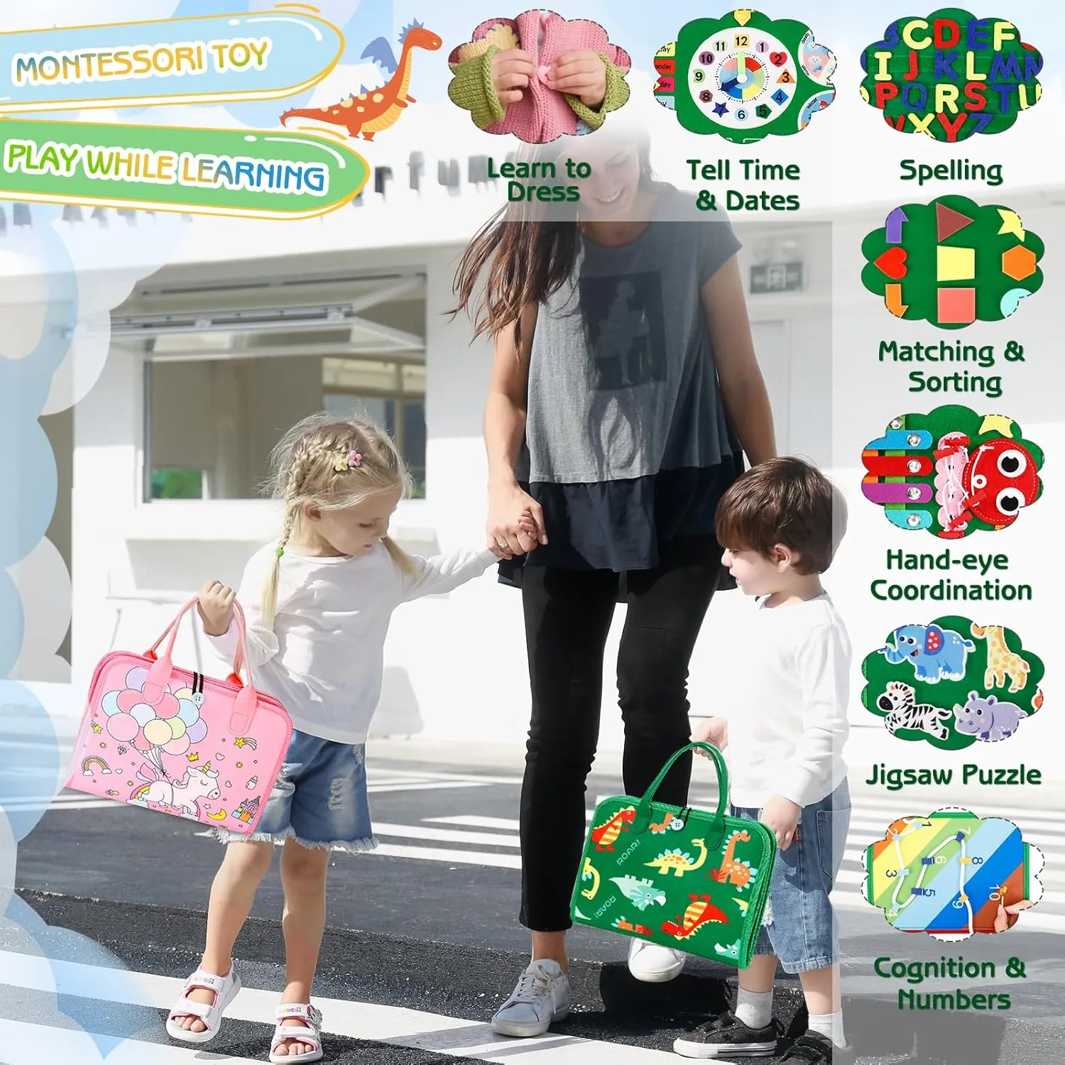 Esjay Toddler Busy Board Montessori Toys, Sensory Board Educational Activities for Learning Fine Motor Skills, Gifts for Girls Boys Toddlers, Travel Toys for Airplane Car,Green Dinosaur