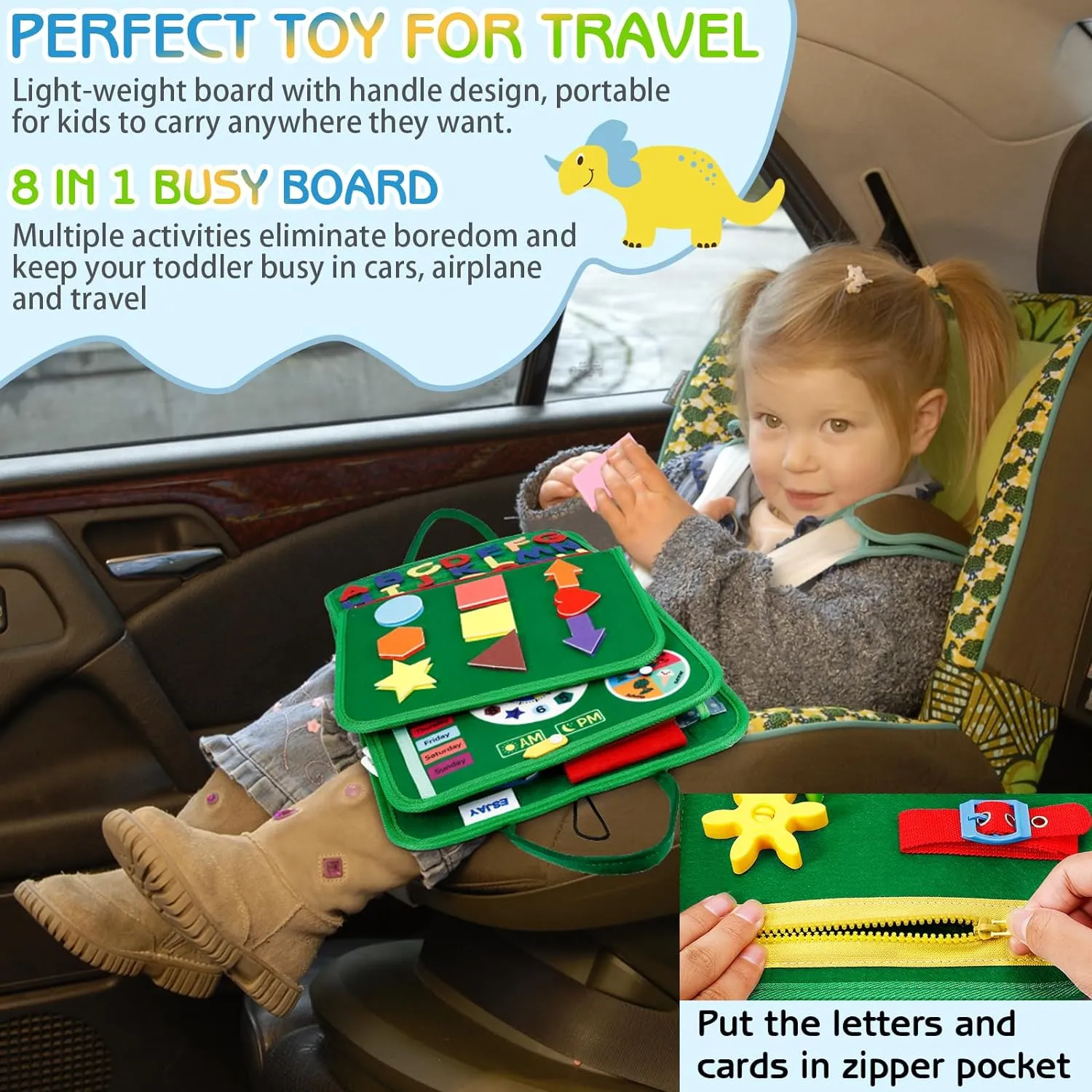 Esjay Toddler Busy Board Montessori Toys, Sensory Board Educational Activities for Learning Fine Motor Skills, Gifts for Girls Boys Toddlers, Travel Toys for Airplane Car,Green Dinosaur