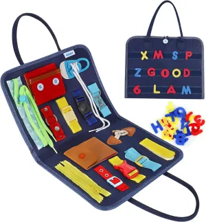 Esjay Toddler Busy Board, Sensory Board for Fine Motor Skill, Montessori Toys Educational Learning Toddler Activities for Travel Car Airplane, Toys Gifts for Boys Girls,Blue Alphabet