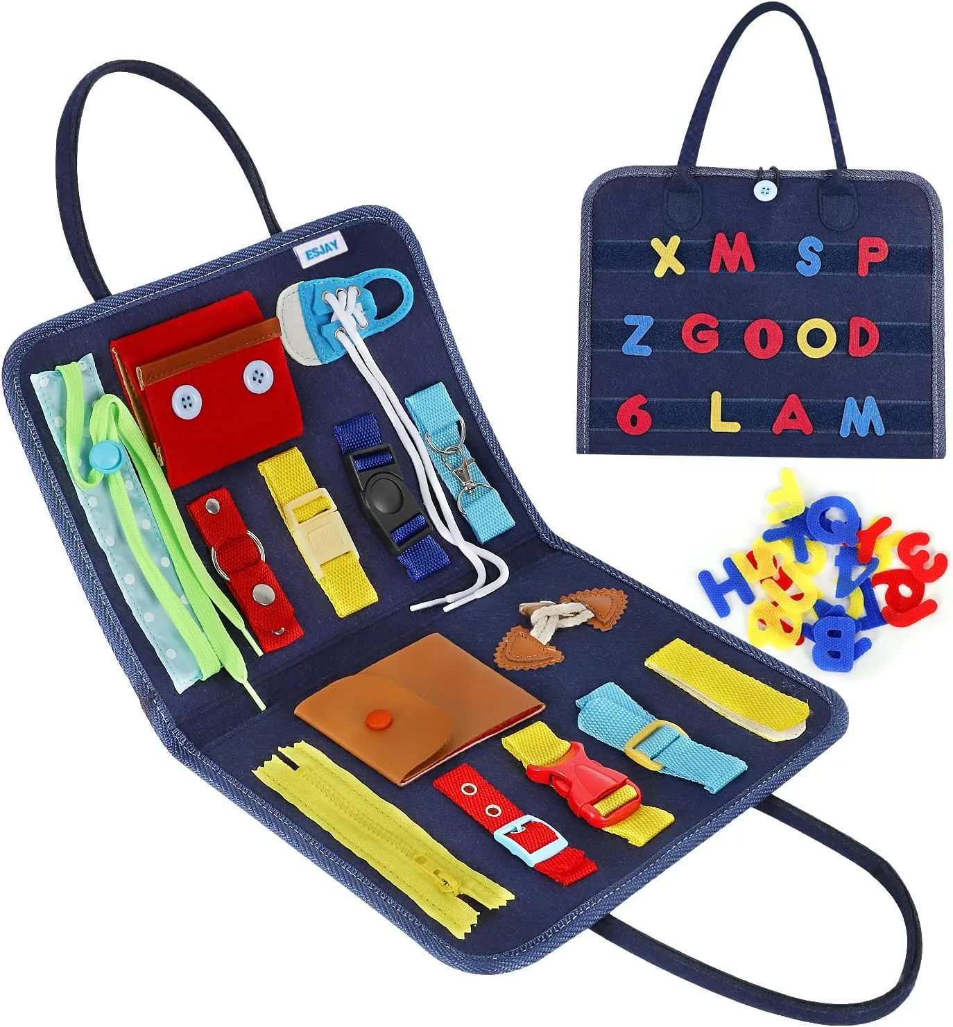 Esjay Toddler Busy Board, Sensory Board for Fine Motor Skill, Montessori Toys Educational Learning Toddler Activities for Travel Car Airplane, Toys Gifts for Boys Girls,Blue Alphabet