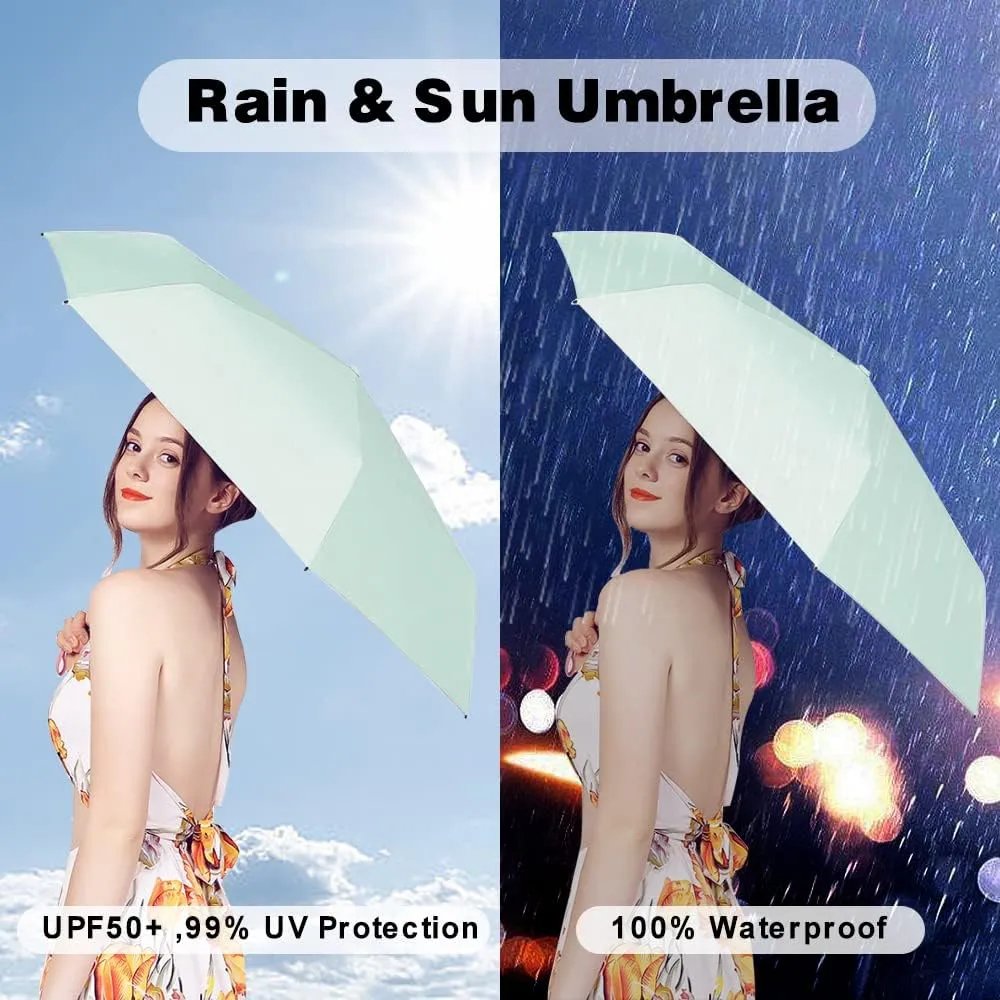 ESUFEIR Mini Travel Sun Umbrella for Purse With Case,Small Compact UV Umbrella Protection Sun,Lightweight Portable Parasol Windproof for Women Men Kids (Green)