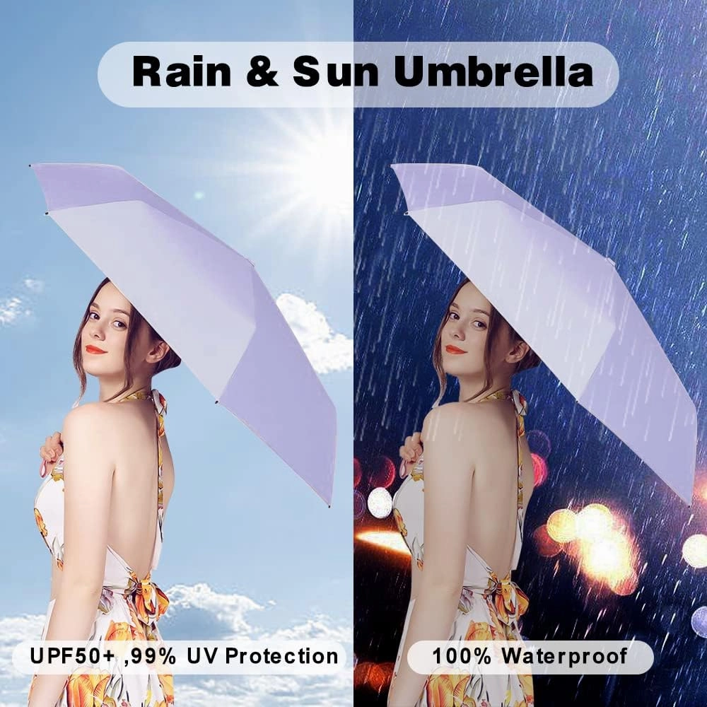 ESUFEIR Mini Travel Sun Umbrella for Purse With Case,Small Compact UV Umbrella Protection Sun,Lightweight Portable Parasol Windproof for Women Men Kids (Purple)