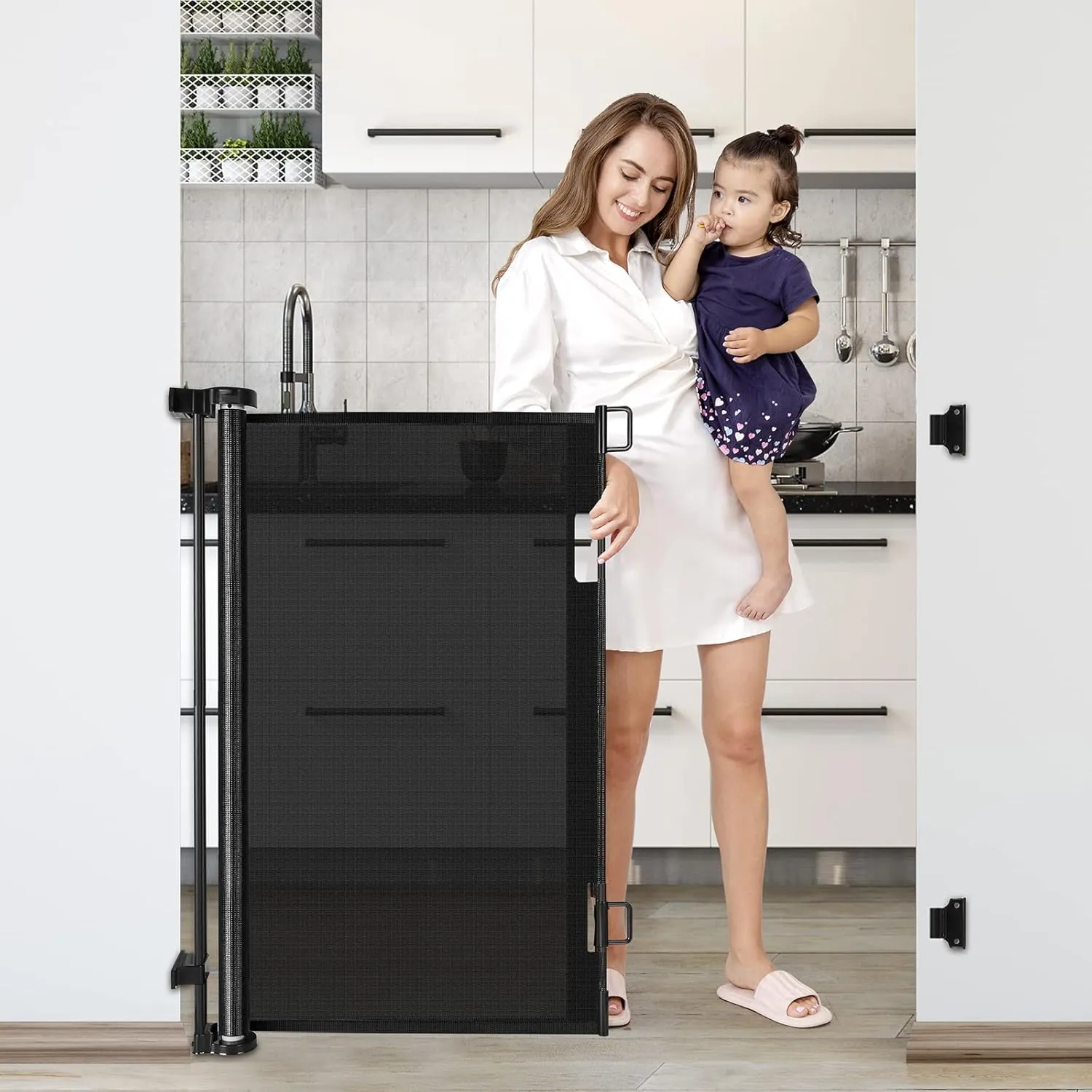 Extra Tall 42-Inch Black Dog & Baby Gate - 56" Wide, Adjustable, Retractable for Stairs, Doorways, Hallways
