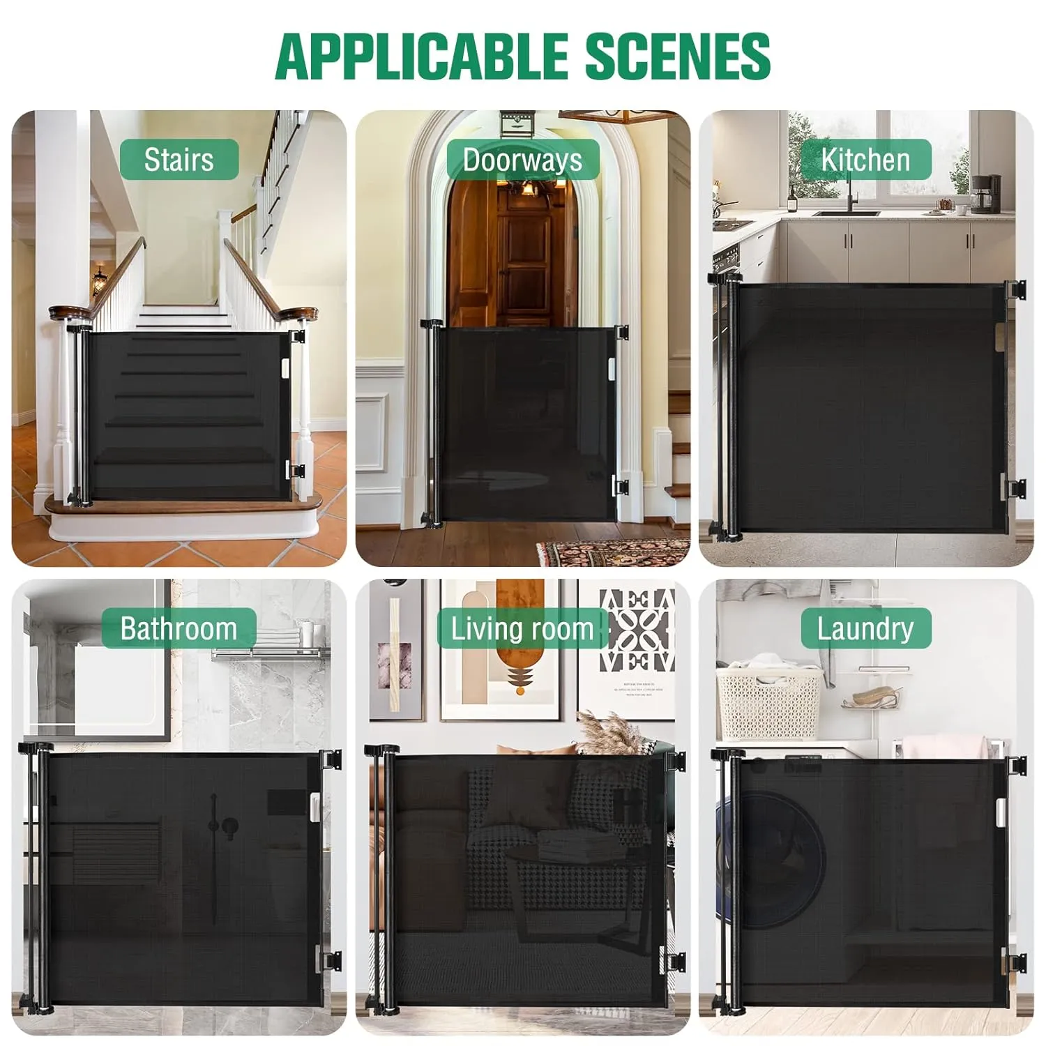 Extra Tall 42-Inch Black Dog & Baby Gate - 56" Wide, Adjustable, Retractable for Stairs, Doorways, Hallways