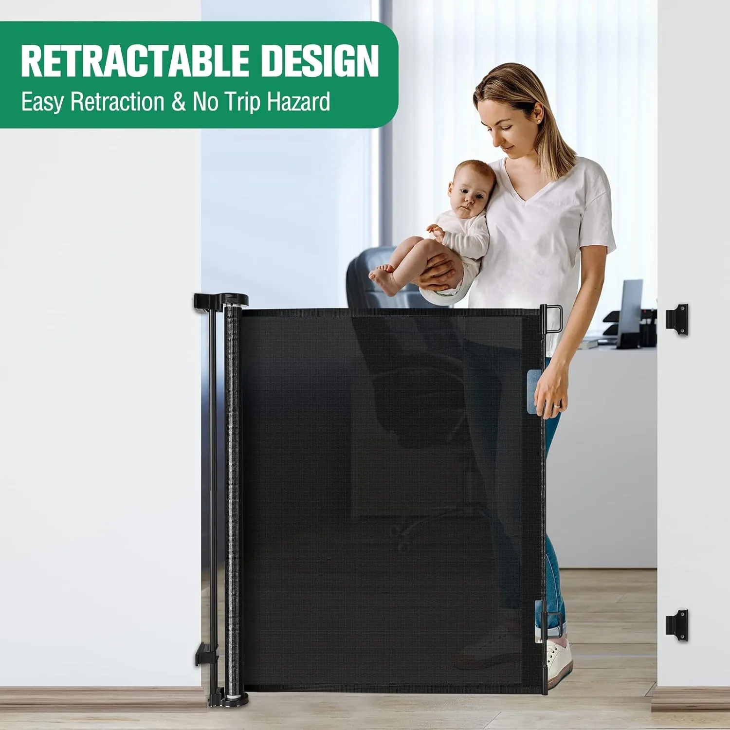 Extra Tall 42-Inch Black Dog & Baby Gate - 56" Wide, Adjustable, Retractable for Stairs, Doorways, Hallways