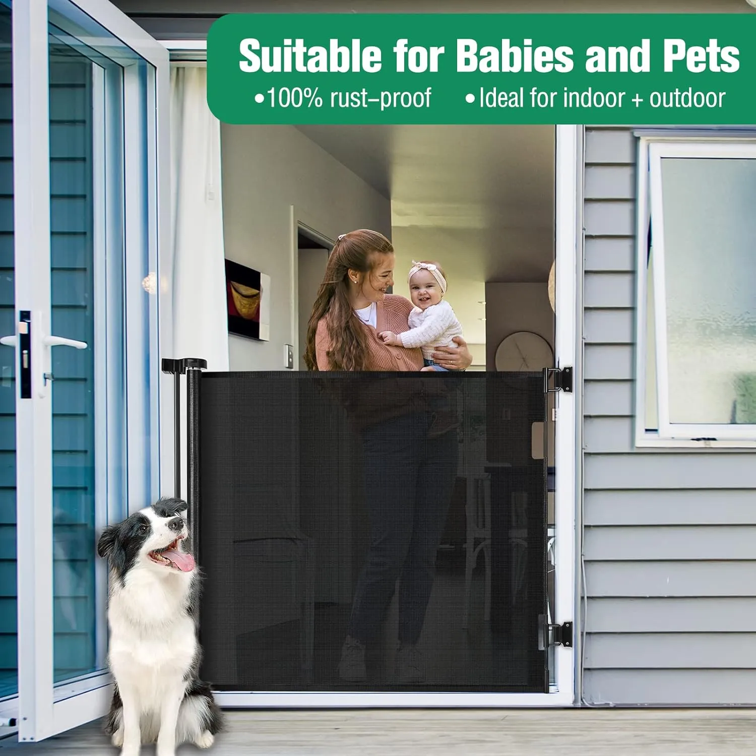 Extra Tall 42-Inch Black Dog & Baby Gate - 56" Wide, Adjustable, Retractable for Stairs, Doorways, Hallways