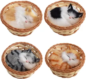 Fake Cat, 4Pcs Mini Cat Toys for Kids, Sleeping in Basket Nap Toy with Meows Sounds for Office Desk Hand Toy Gift for Kids Boys Girls, Toys