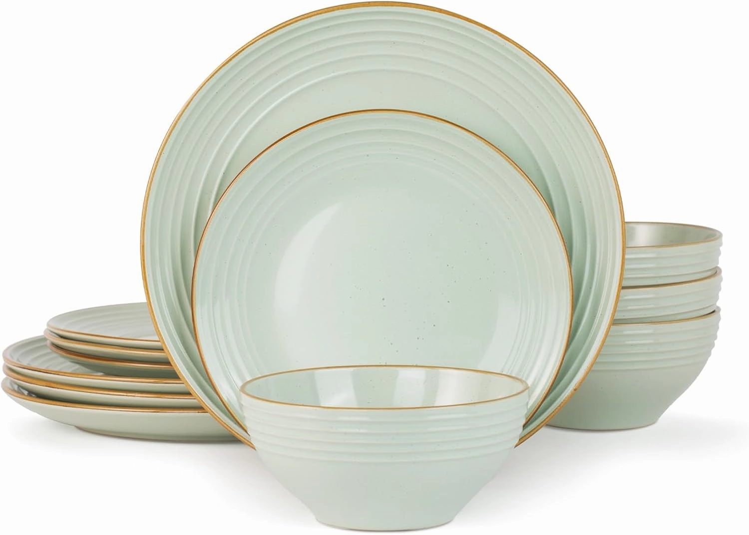 Famiware Jupiter Dinnerware Set, Plates and Bowls Dish Sets for 4 (12 Pieces), Microwave and Dishwasher Safe Stoneware Tableware, Chip and Scratch Resistant, Light Green