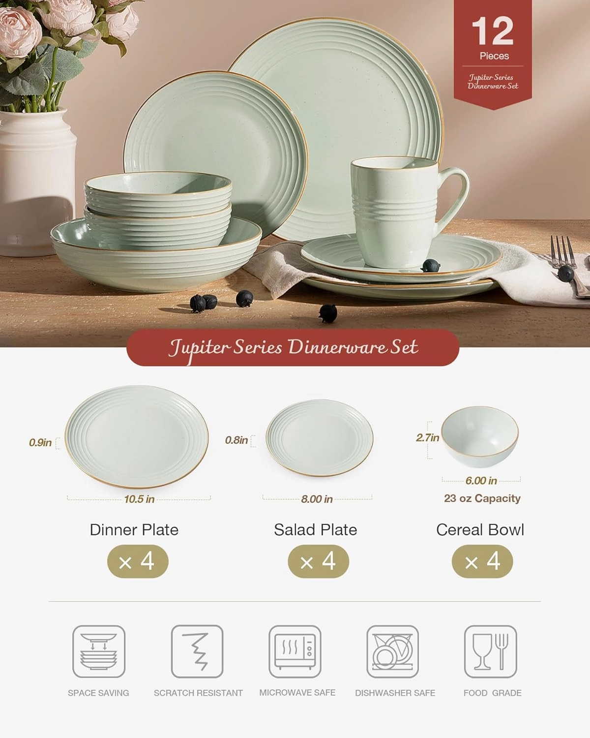 Famiware Jupiter Dinnerware Set, Plates and Bowls Dish Sets for 4 (12 Pieces), Microwave and Dishwasher Safe Stoneware Tableware, Chip and Scratch Resistant, Light Green